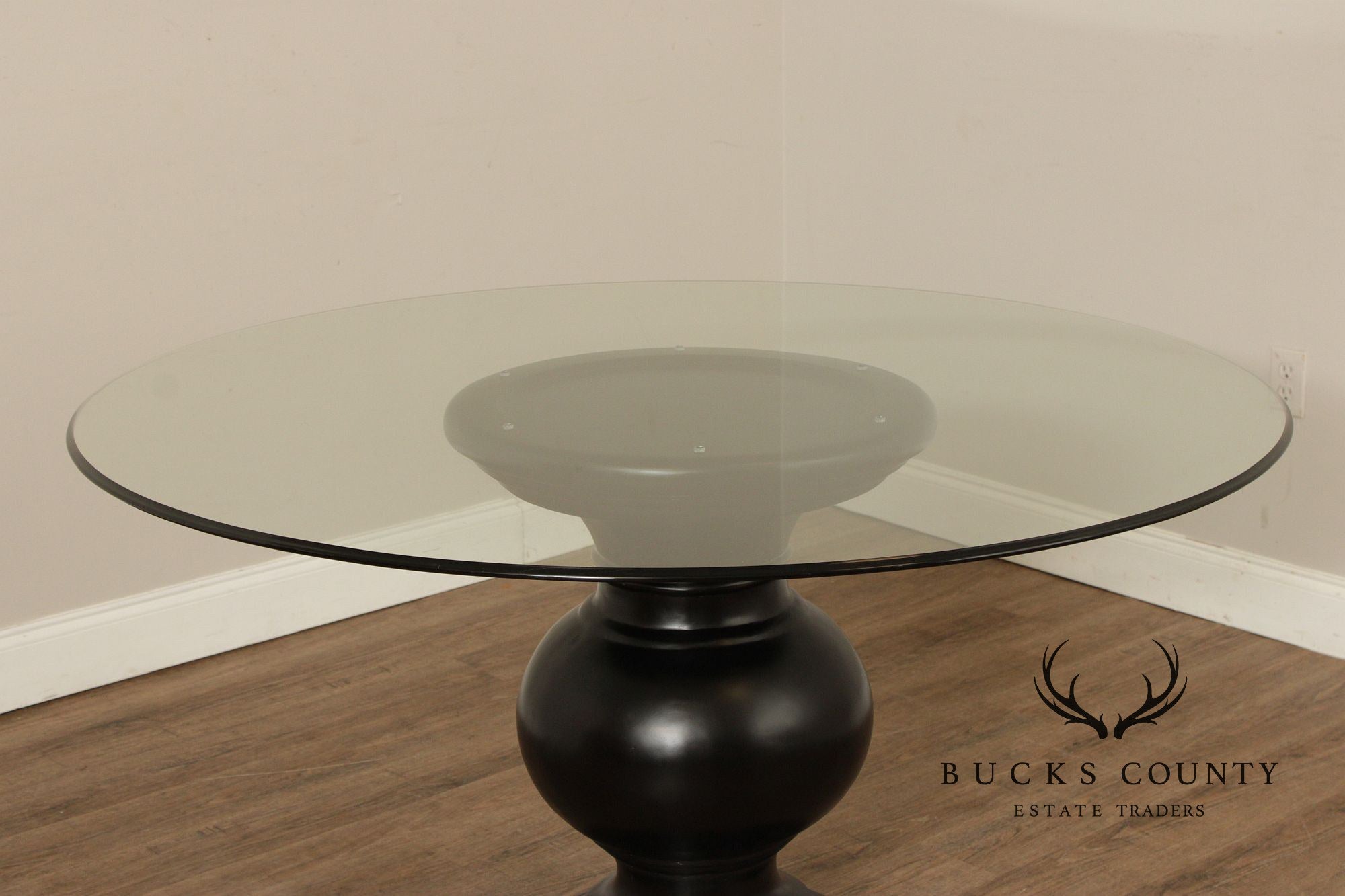 Contemporary Round Glass Top Ebonized Pedestal Dining Table