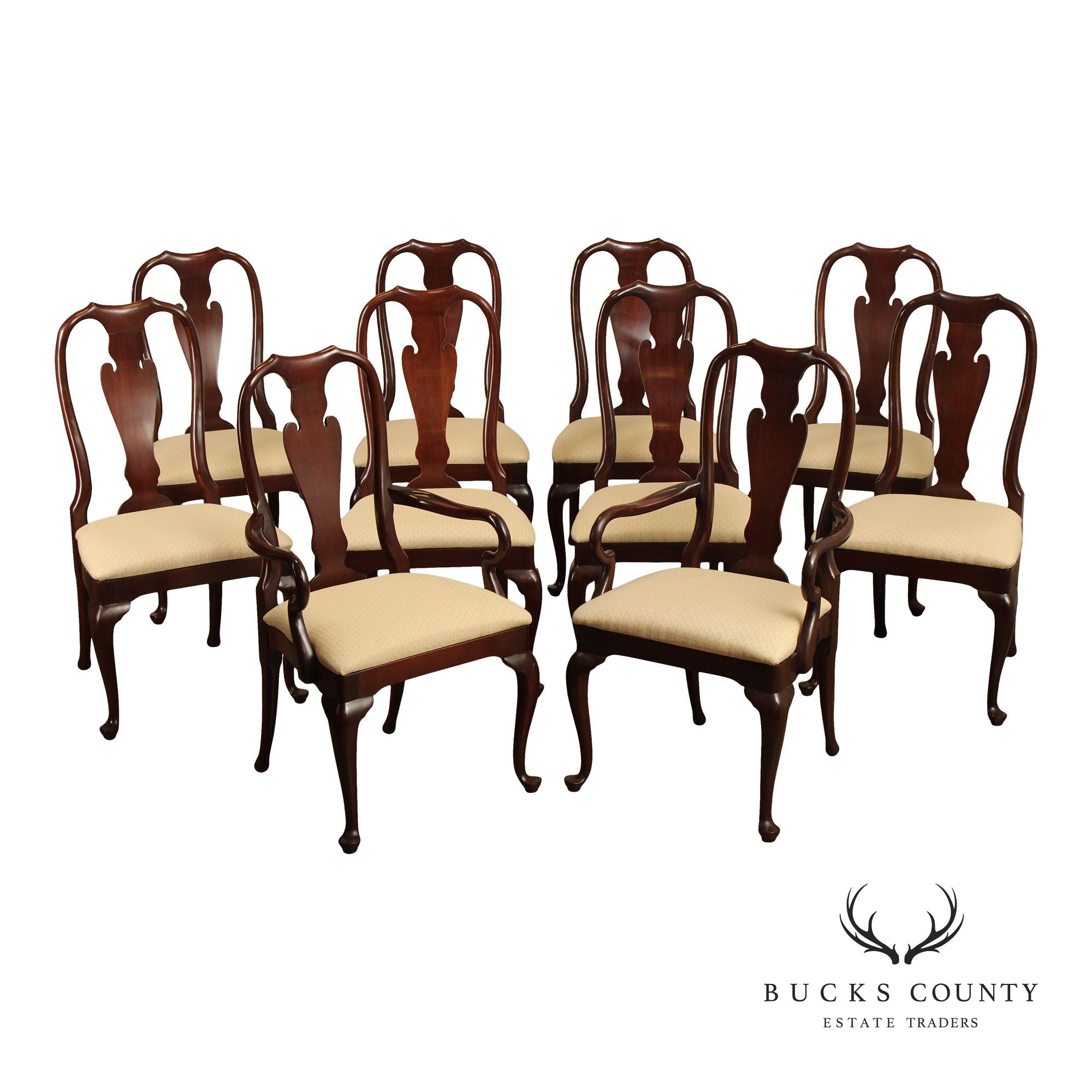 Councill Queen Anne Style Set of Ten Carved Mahogany Dining Chairs