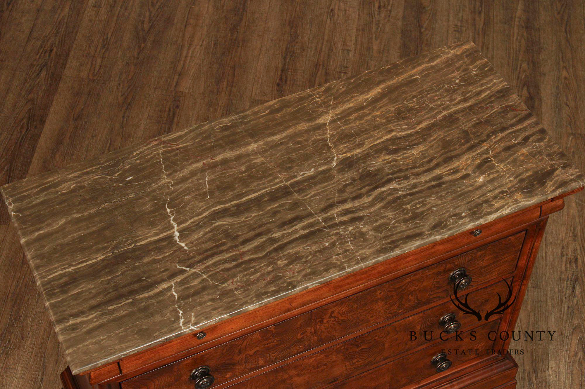 Ethan Allen Louis Philippe Style Pair of 'Fisher' Marble Top Chests