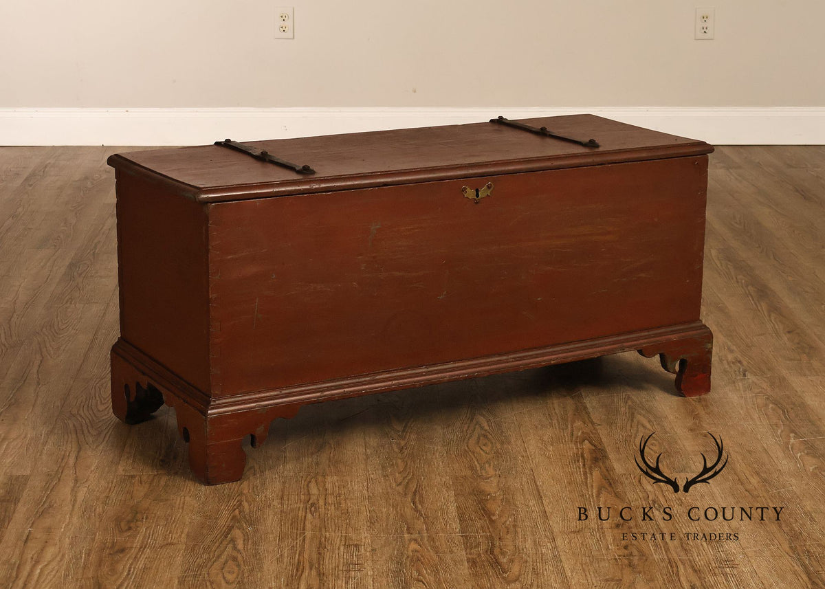 Antique Red Painted Cedar Blanket Chest With Cast Iron Strapping