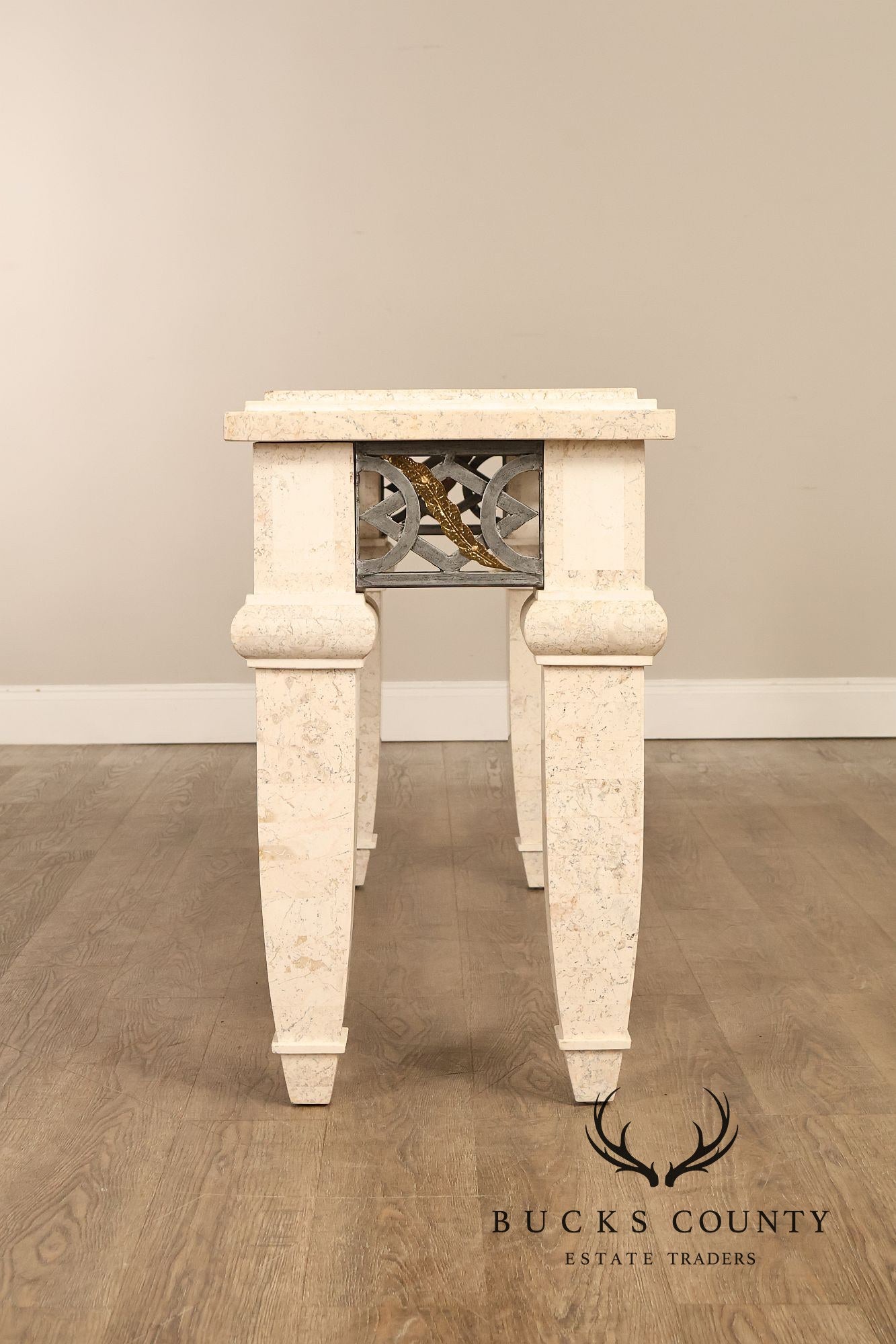 Neoclassical Style Travertine Console Table With Metal Stretcher