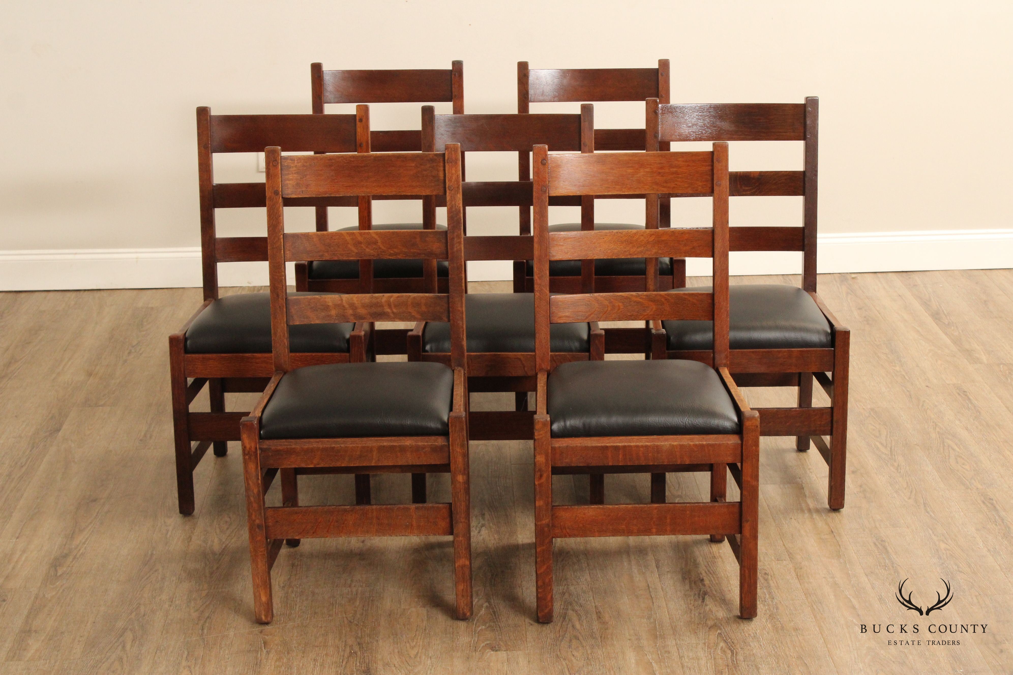 Mission Style Assembled Set of Seven Oak Ladder Back Dining Chairs