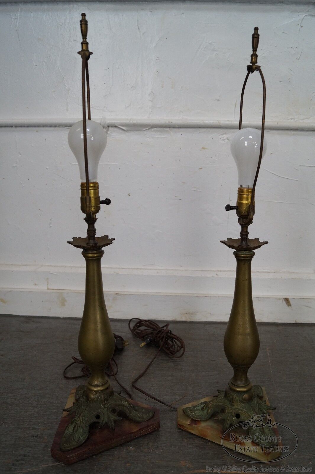 Vintage Pair of Brass & Onyx Column Table Lamps