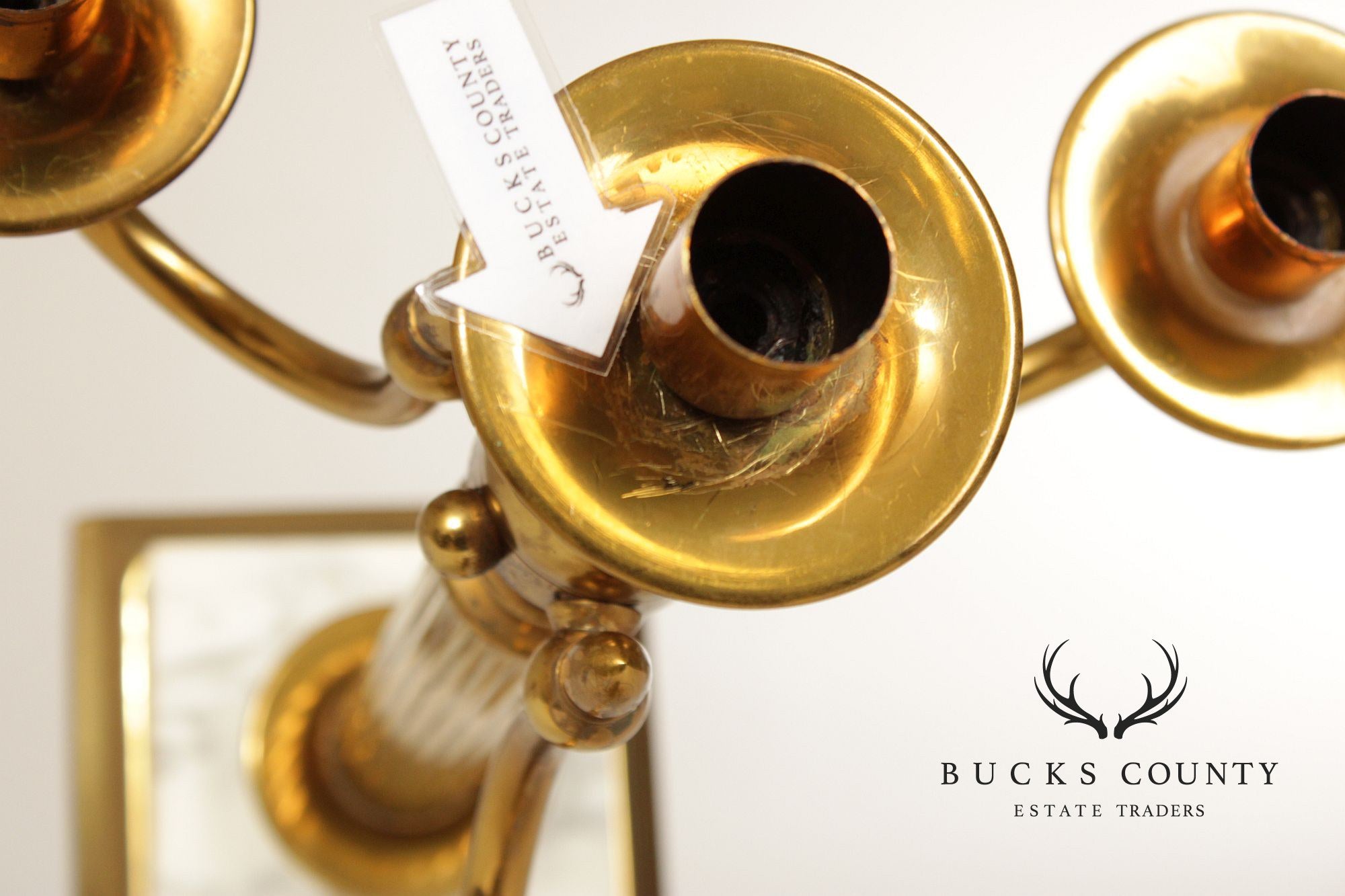 Classical Style Vintage Pair of Brass and Marble Candelabra