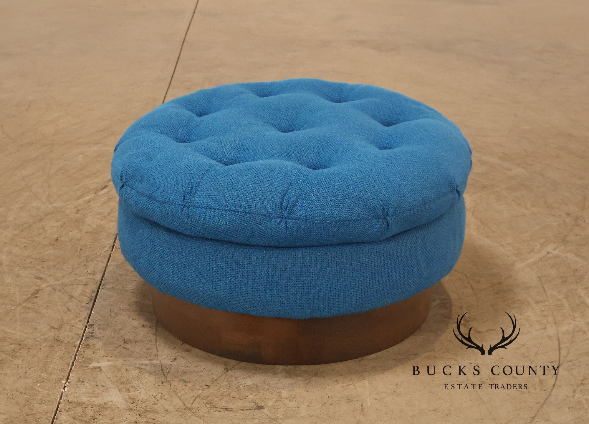 Vintage Schnadig Mid Century Modern Round Blue Upholstered Ottoman