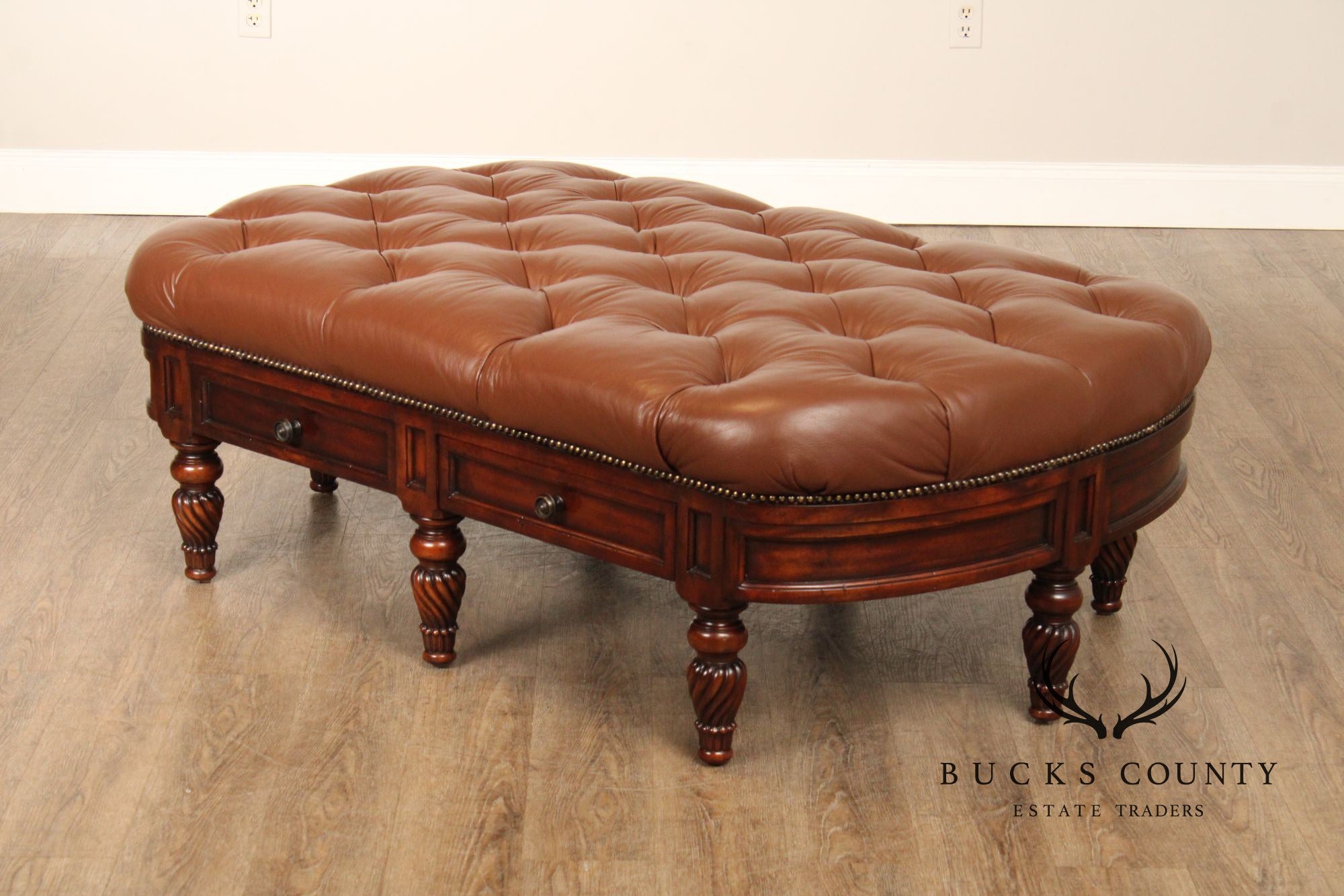 CTH Sherrill Occasional English Regency Style Tufted Leather Ottoman