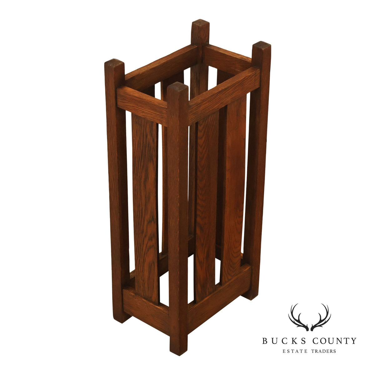 Antique Arts And Crafts Mission Oak Umbrella Stand With Drip Pan