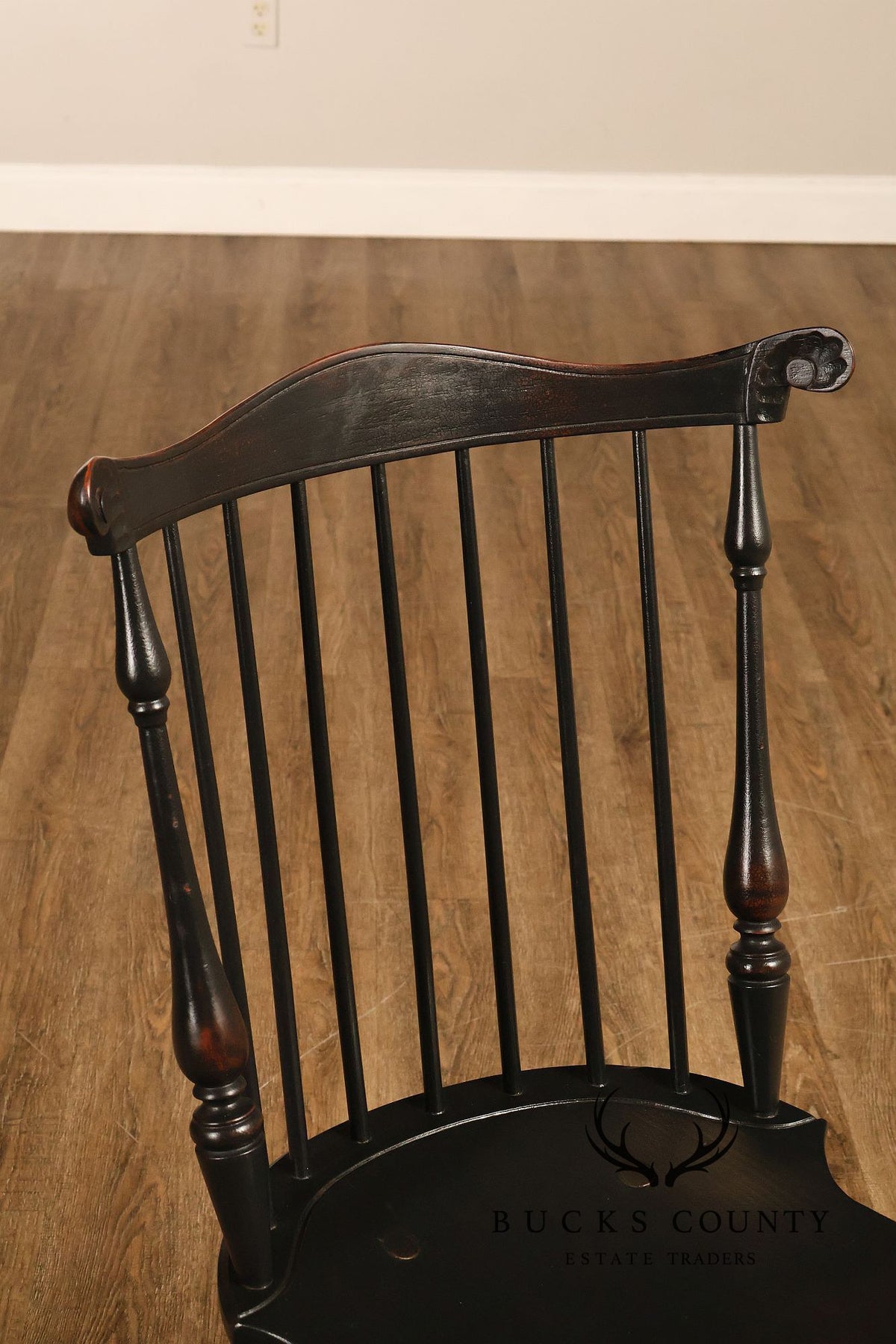 Custom Set Of Four Black Over Red Painted Fan Back Windsor Dining Chairs