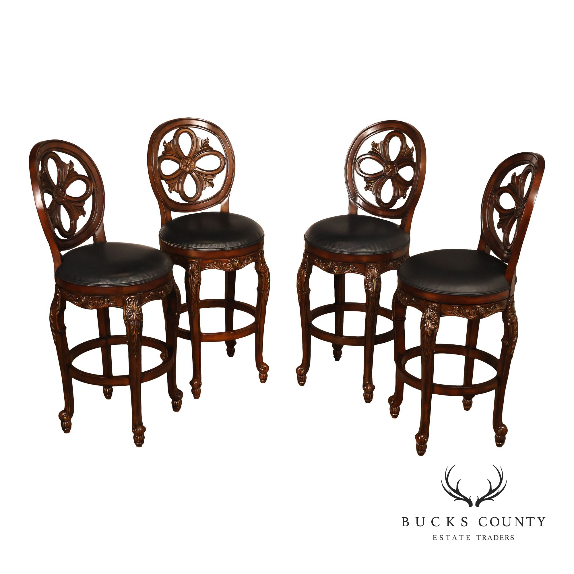 Rococo Style Set Of Four Carved Frame Swivel Barstools