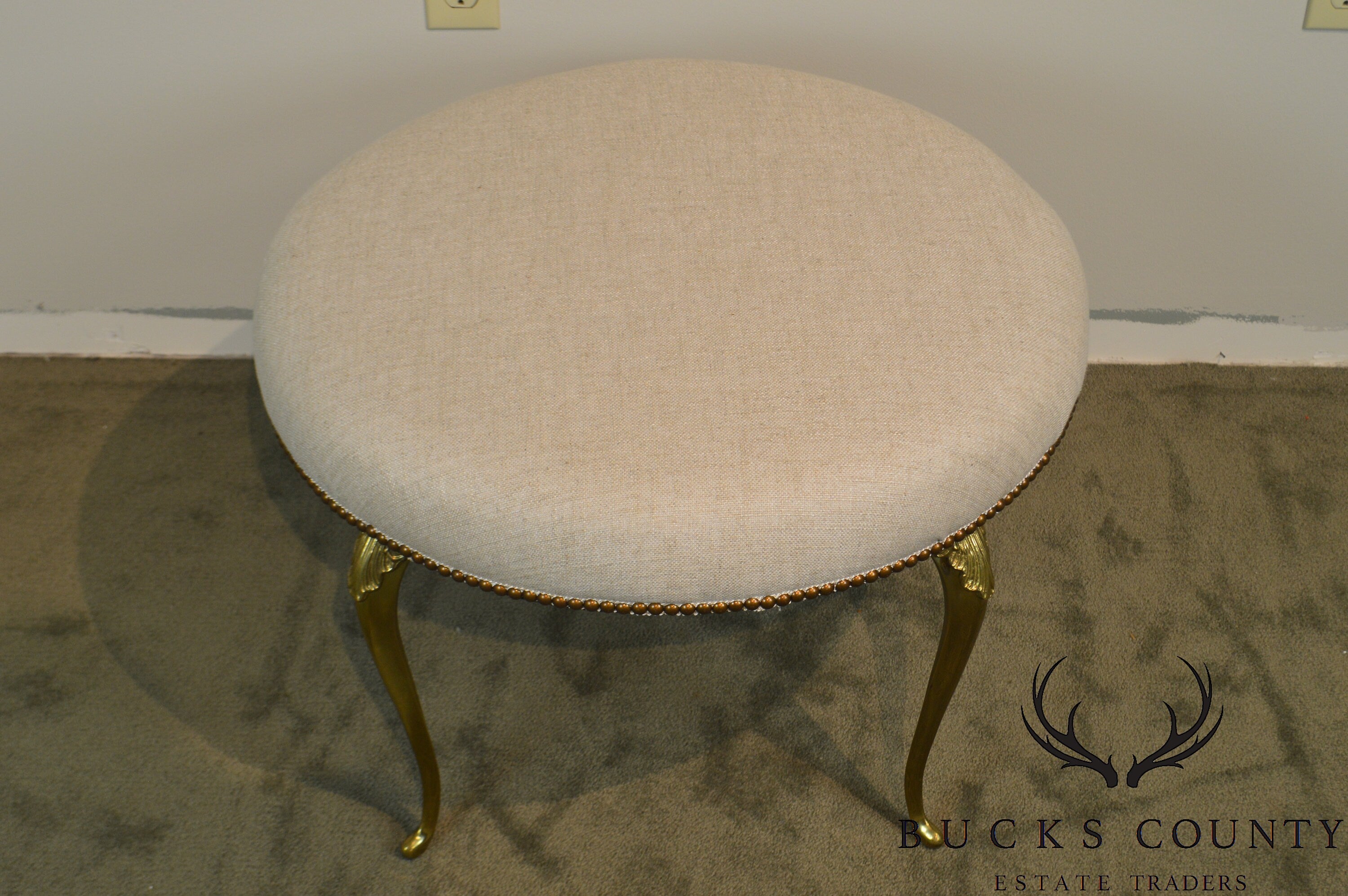 Italian Vintage Brass Frame Round Ottoman or Stool