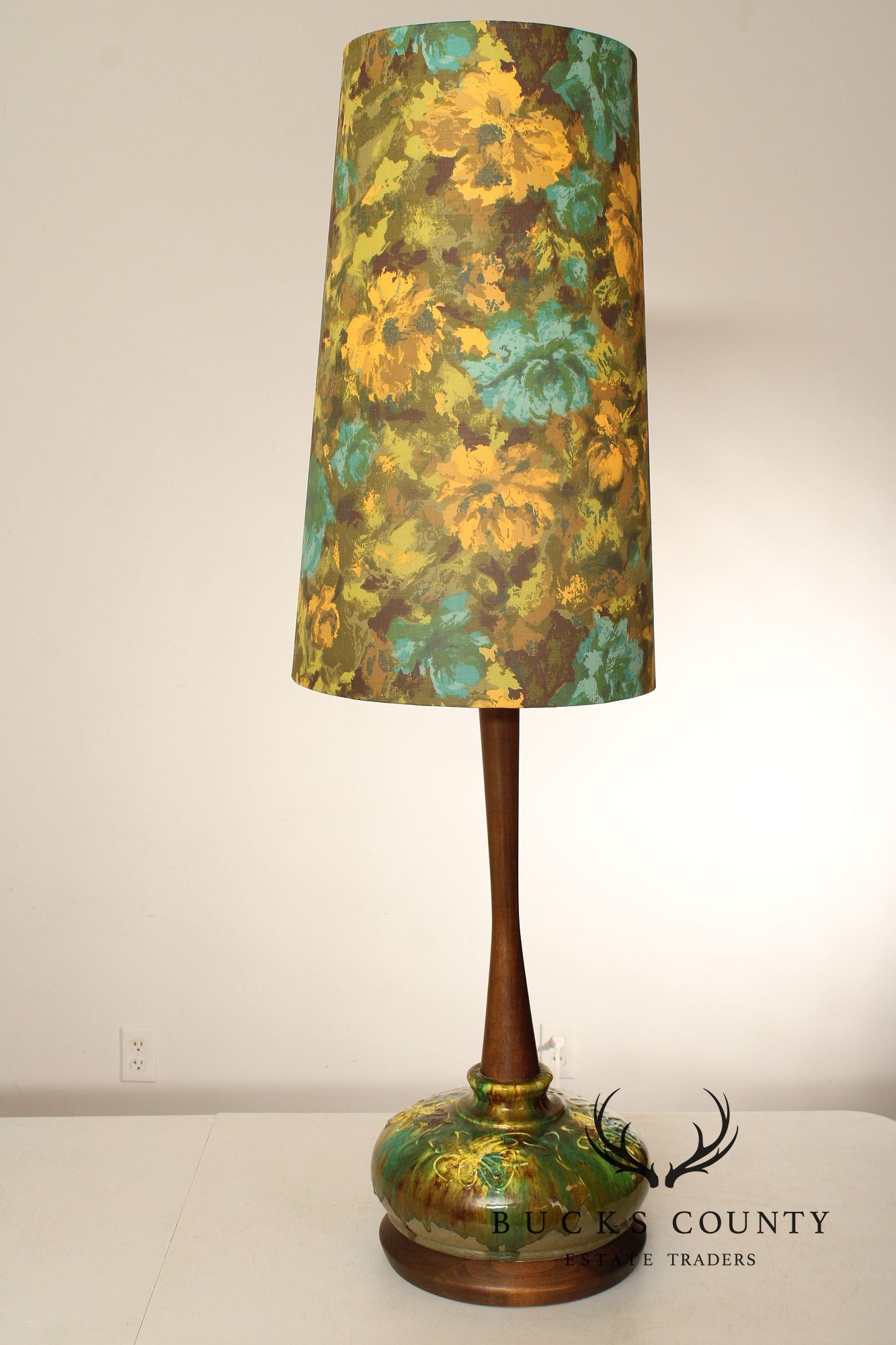 Mid Century Modern Walnut and Ceramic  Tall Table Lamp