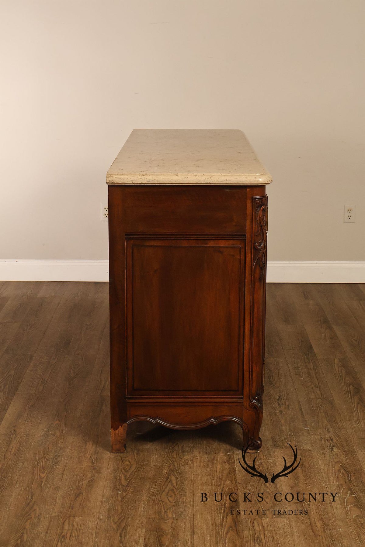 French Louis XV Style Carved Walnut Marble Top Sideboard