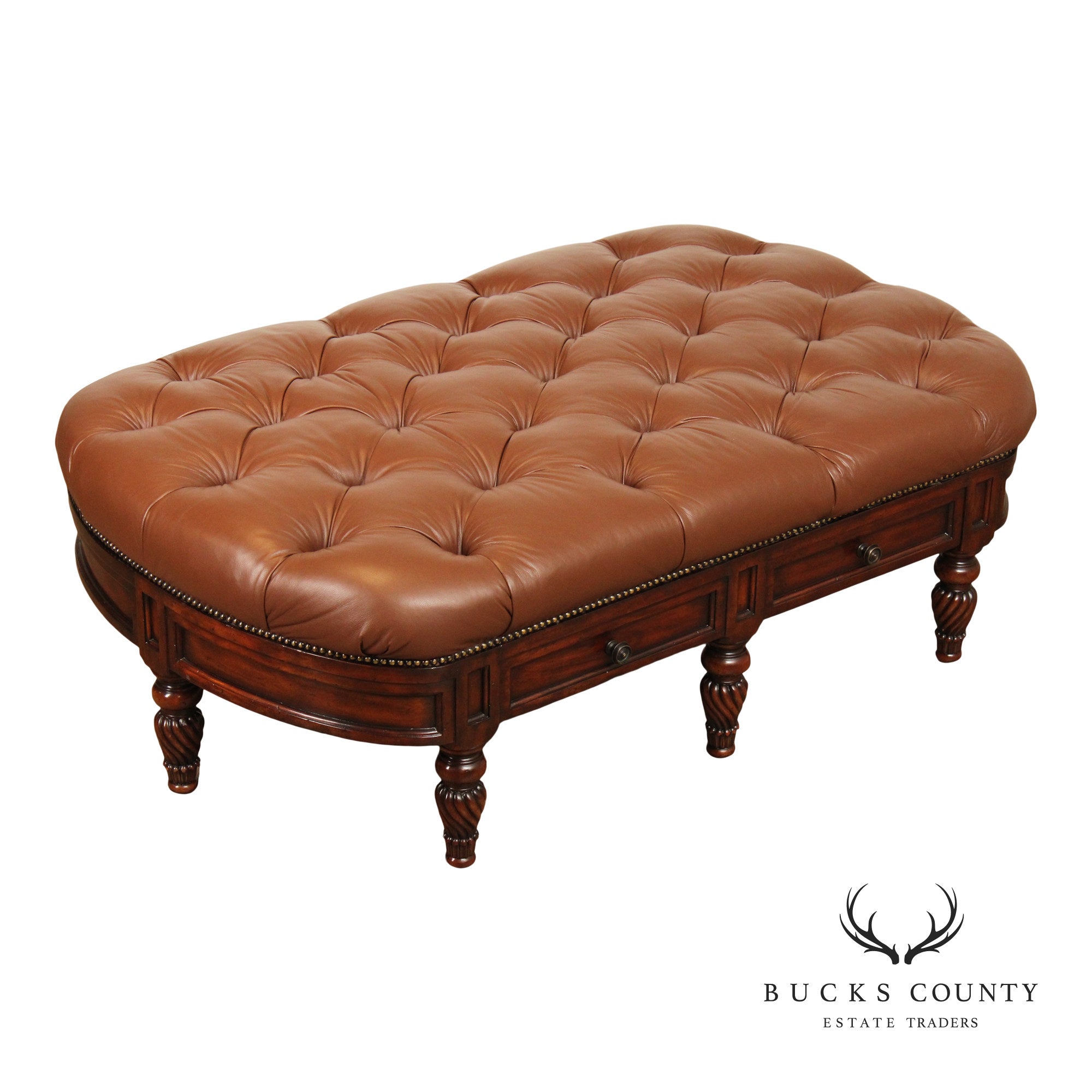 CTH Sherrill Occasional English Regency Style Tufted Leather Ottoman