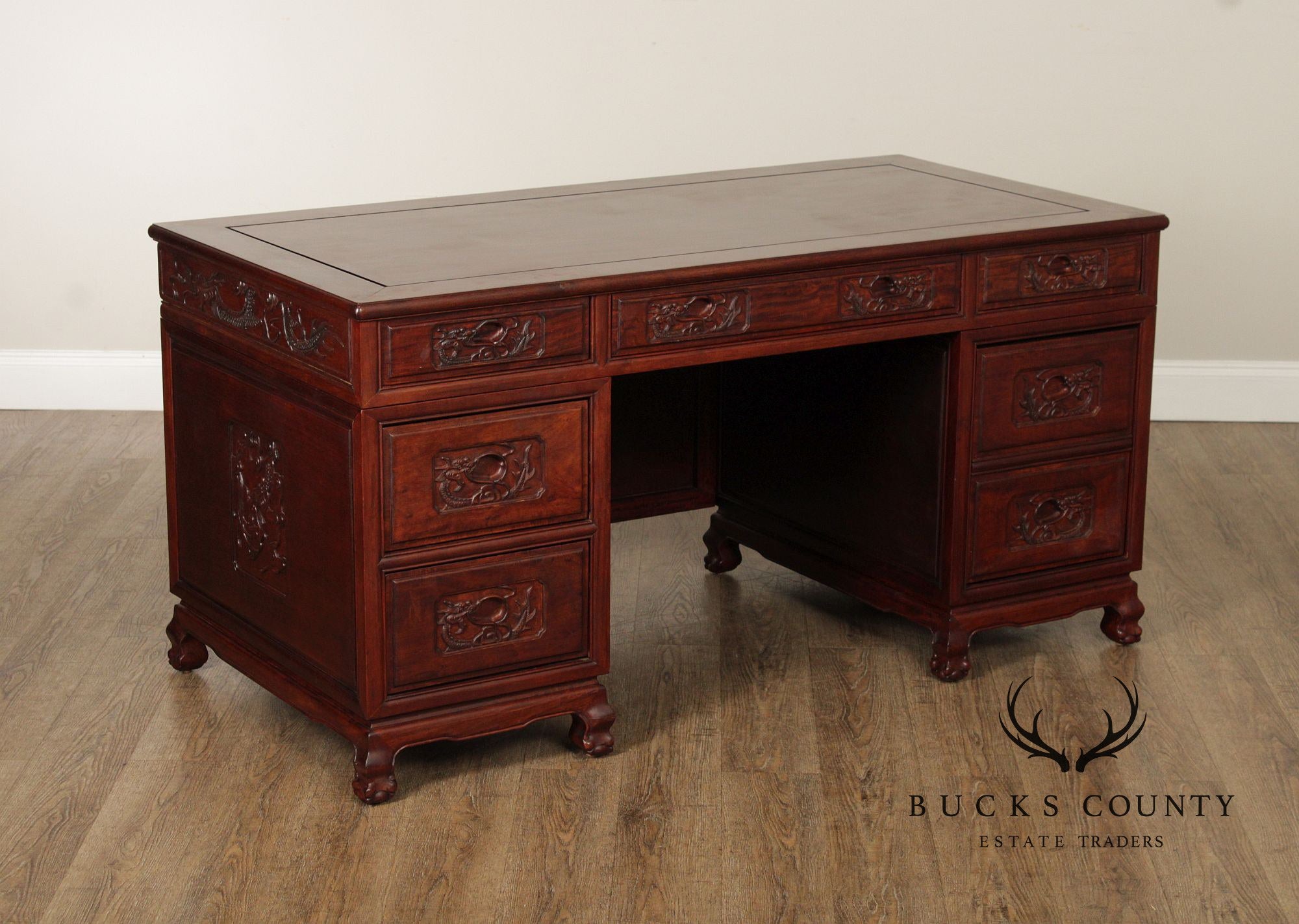 Chinese Rosewood Vintage Pedestal Executive Desk