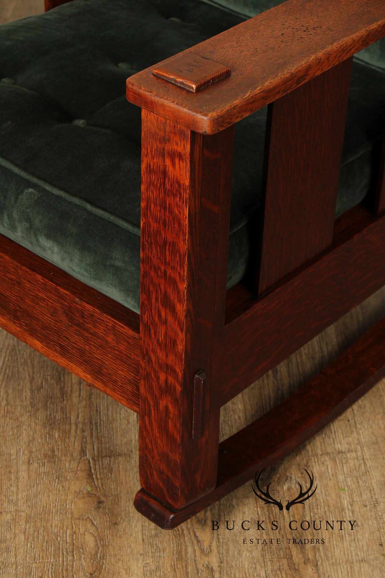 Stickley Brothers Antique Oak Arts & Crafts Rocking Chair With Green Upholstered Cushions