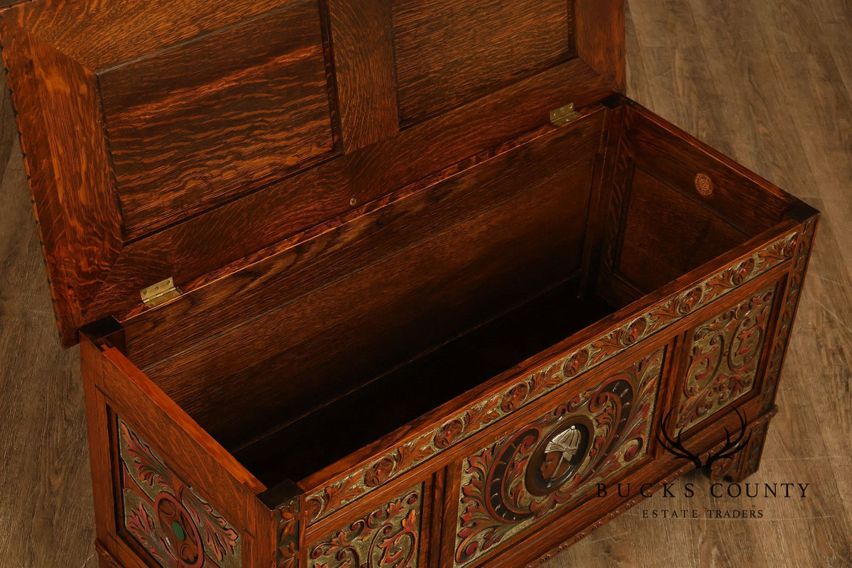 Berkey & Gay Carved And Painted Oak Spanish Revival Storage Chest