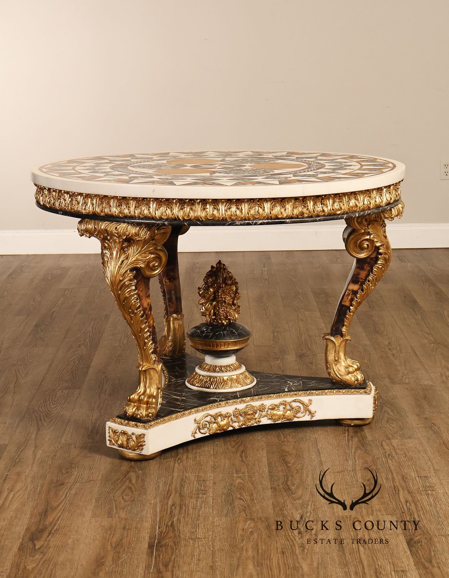 Empire Style Round Pietra Dura Center Table With Gilt Carved Base