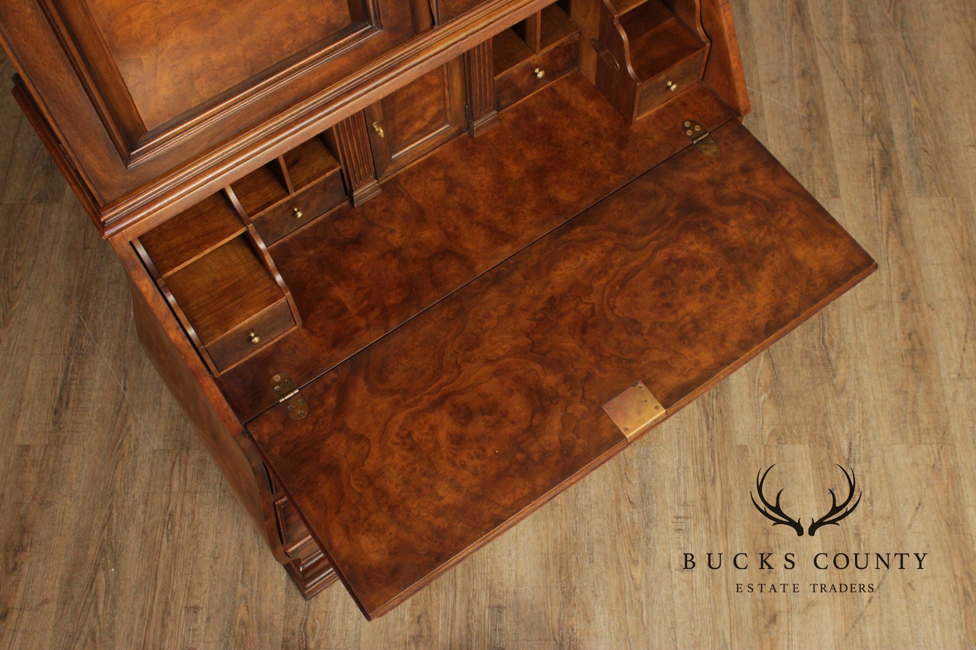 Chippendale Style Burled Walnut Bombe Secretary Desk Bookcase By Heritage Heirloom