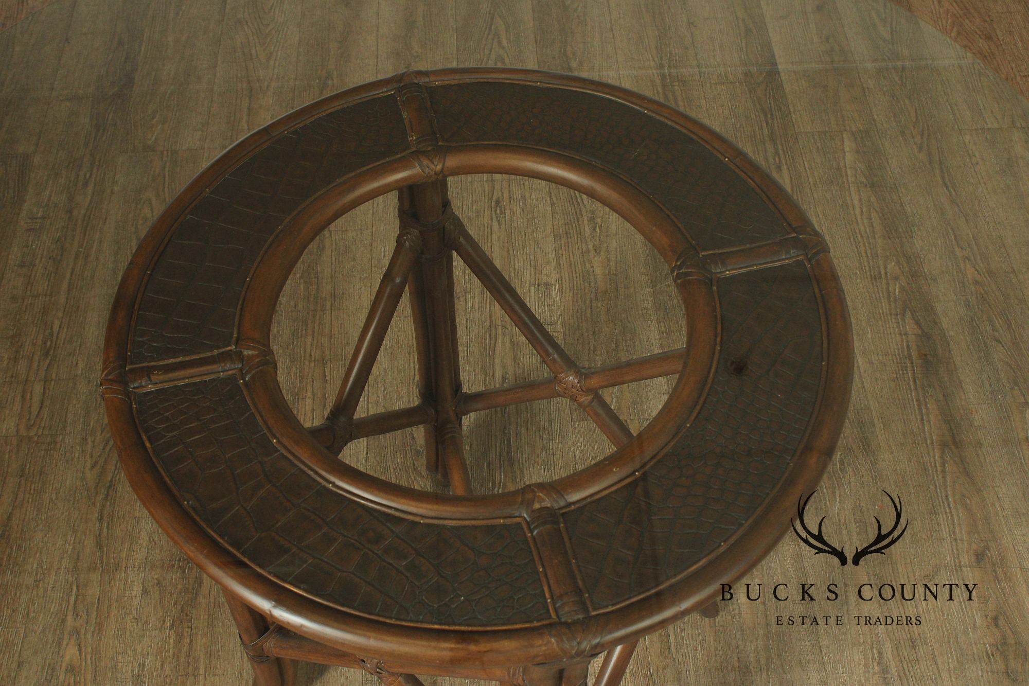 Hollywood Regency Round Glass Top Rattan Dining Table