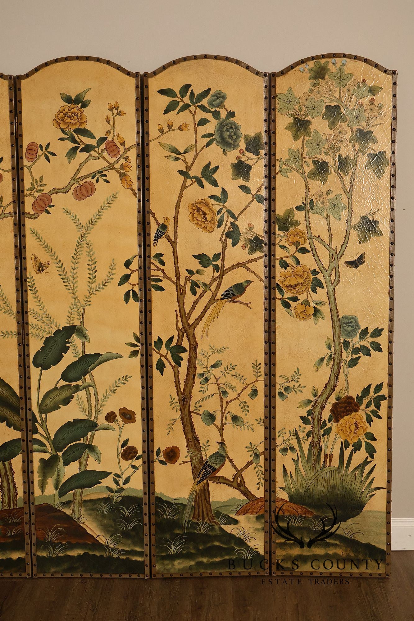 Decorative Crafts Chinoiserie Style Four Panel Hand-Painted Folding Screen