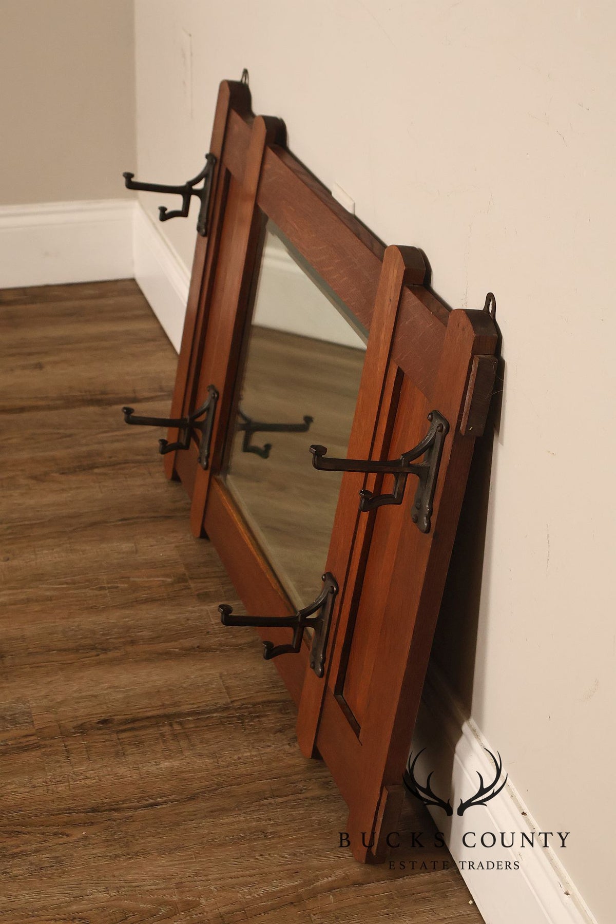 Antique Arts And Crafts Mission Oak Hall Mirror With Coat Hooks