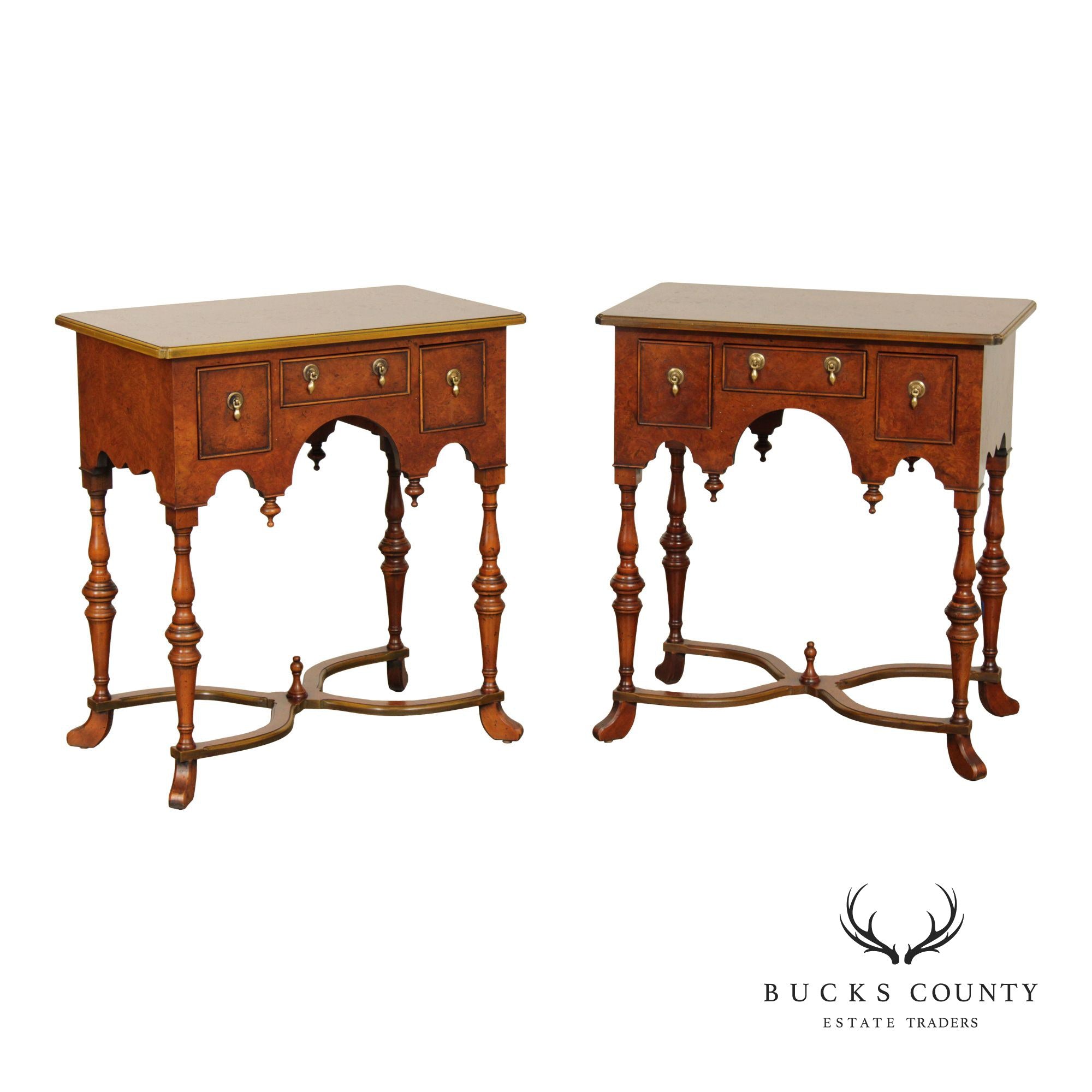 Southampton William & Mary Style Pair of Burlwood Lowboys