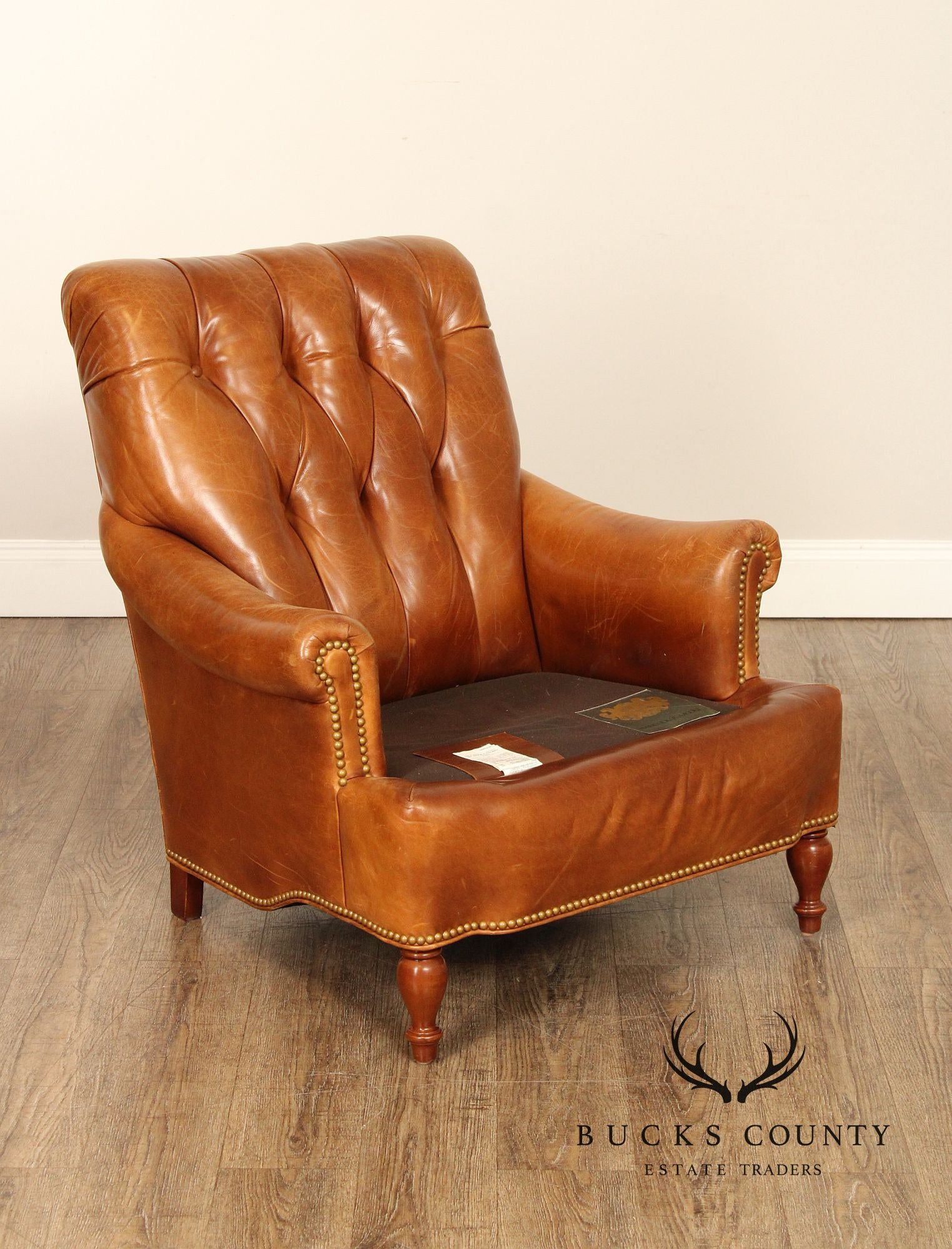 Hancock & Moore Cognac Leather Chesterfield Armchair and Ottoman