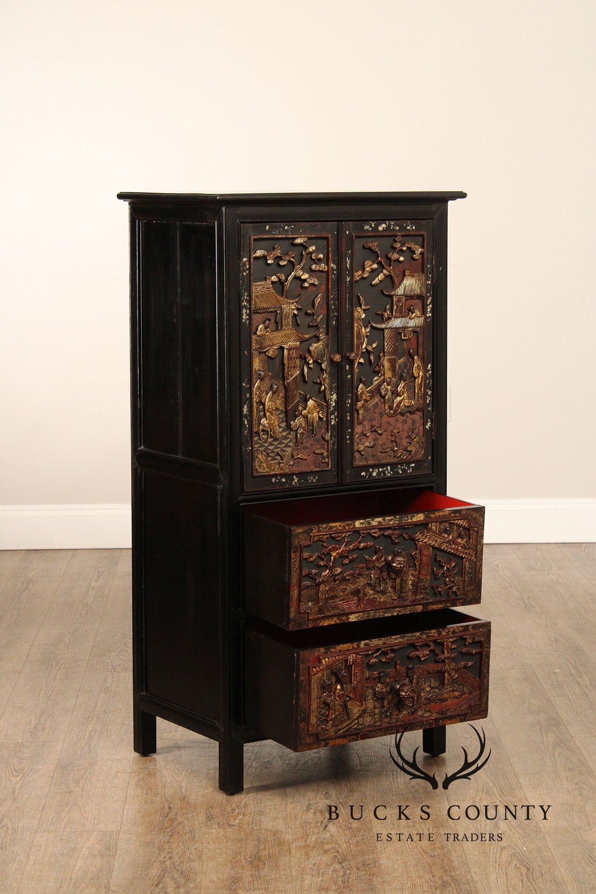 Chinese Export Style Carved Lacquer Cabinet