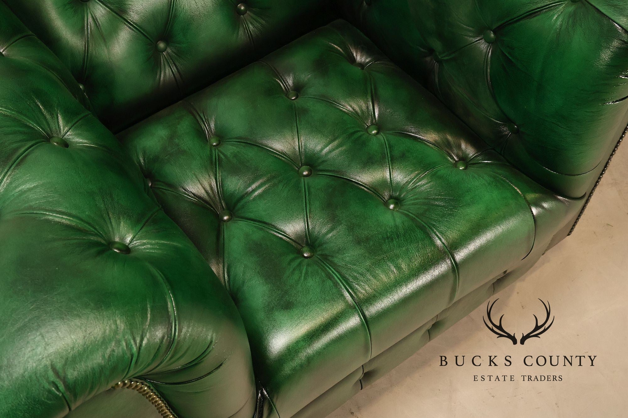 Chesterfield Style Pair of Green Leather Club Chairs