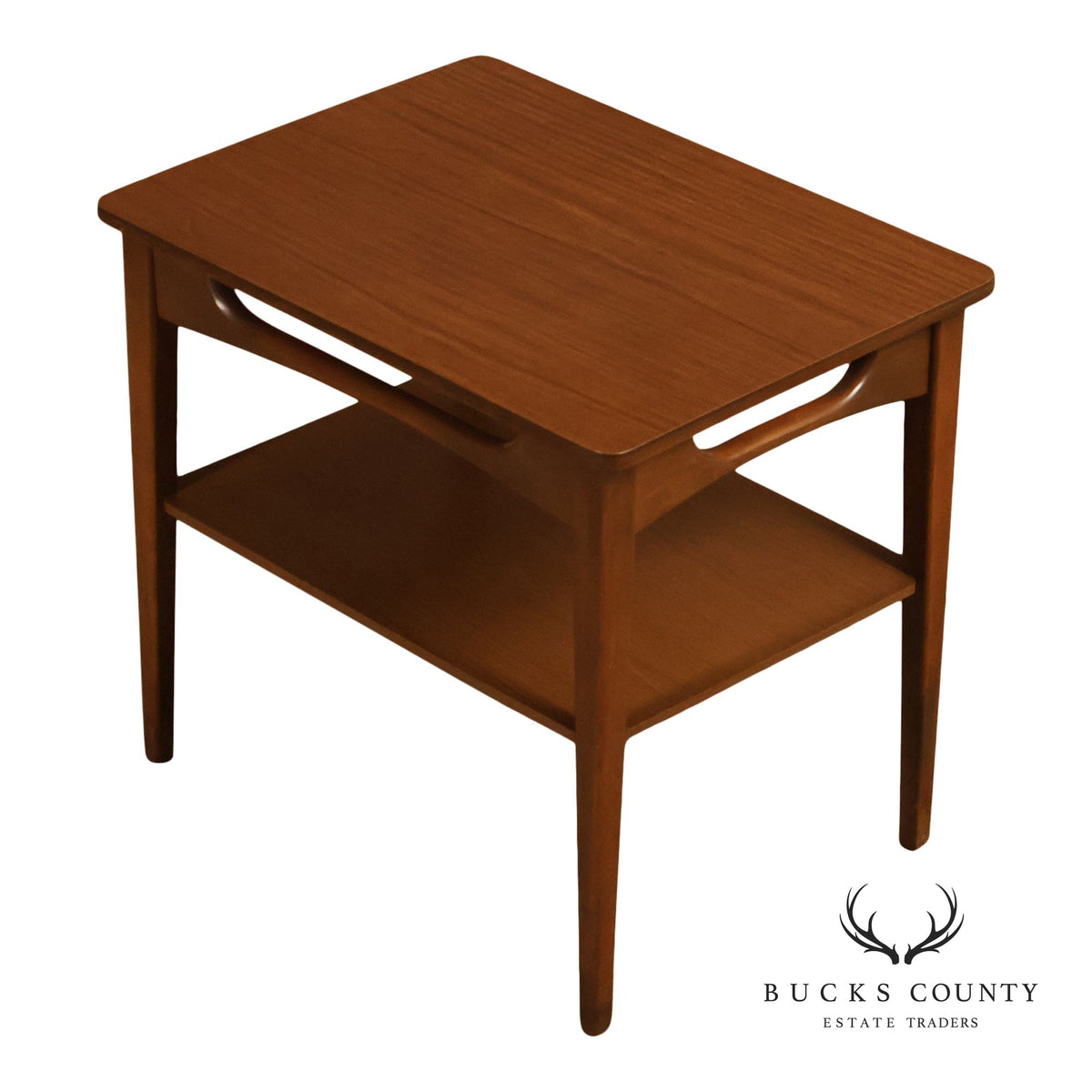 Mid-Century Modern Walnut Two-Tier End Table With Sculpted Apron Detail