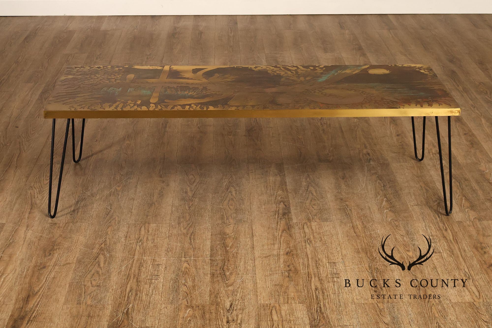 Mid Century Modern Acid Etched Brass Top Coffee Table With Hairpin Legs