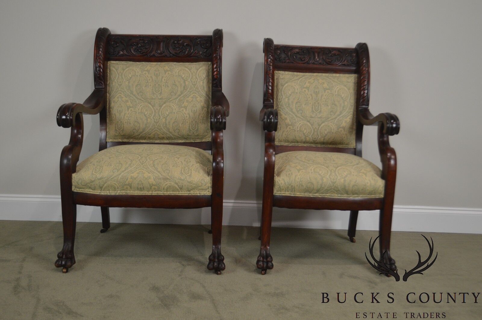 Victorian Renaissance Carved Mahogany Pair of His & Hers Arm Chairs