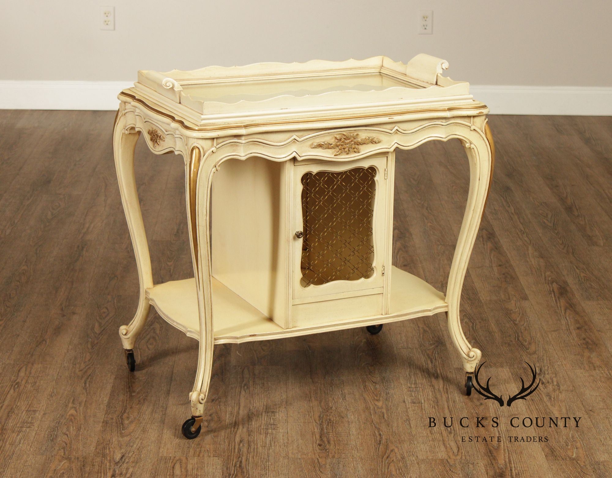 French Provincial Style Vintage Painted Tray Top Bar Cart