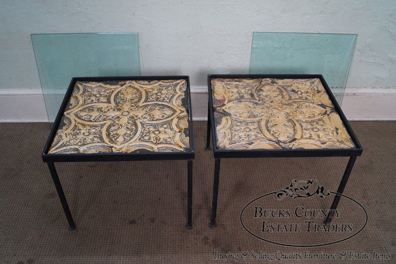 Custom Pair of Square Iron Frame Glass Top Side Tables w/ Tin Panels