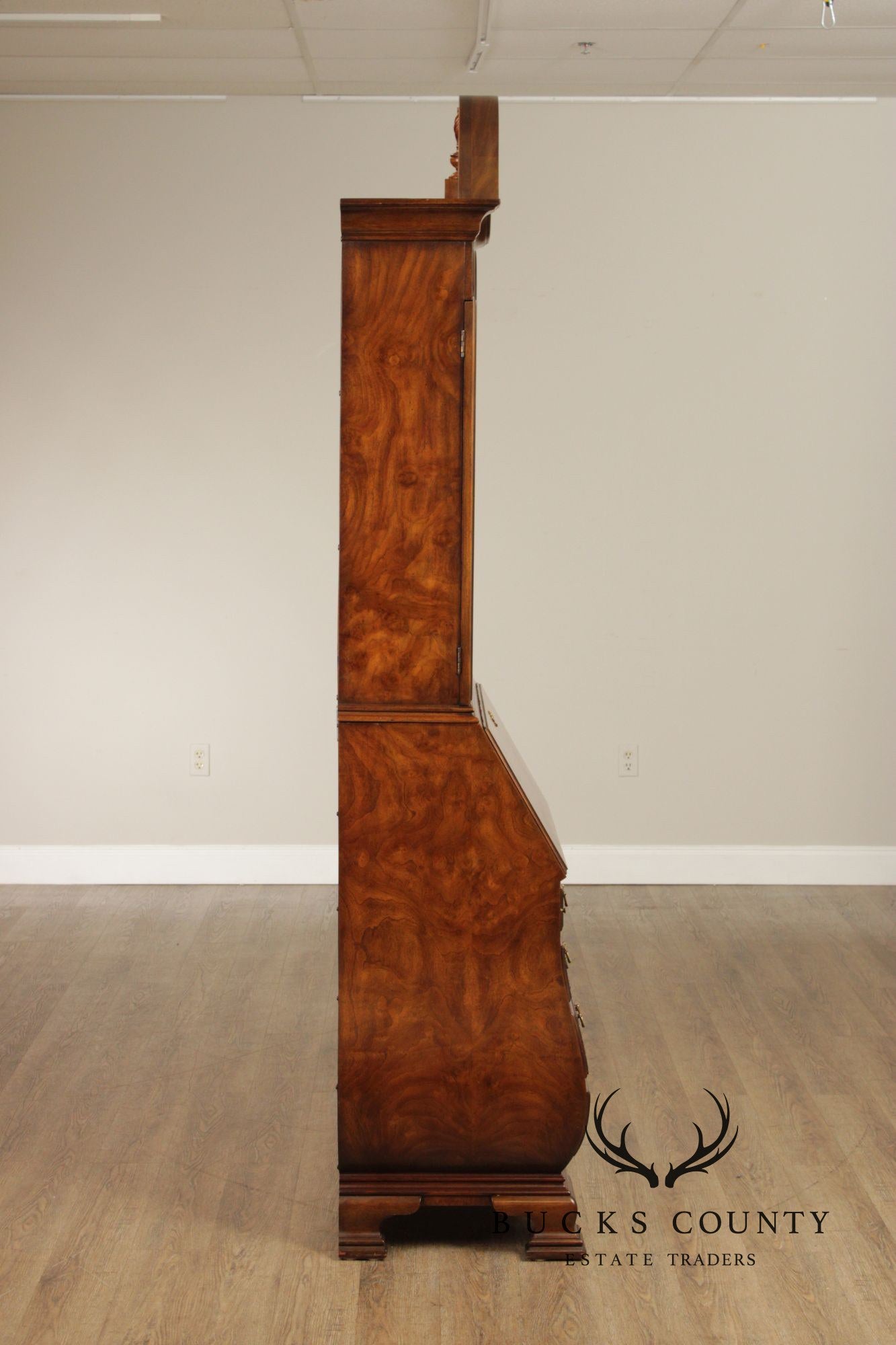 Chippendale Style Burled Walnut Bombe Secretary Desk Bookcase By Heritage Heirloom