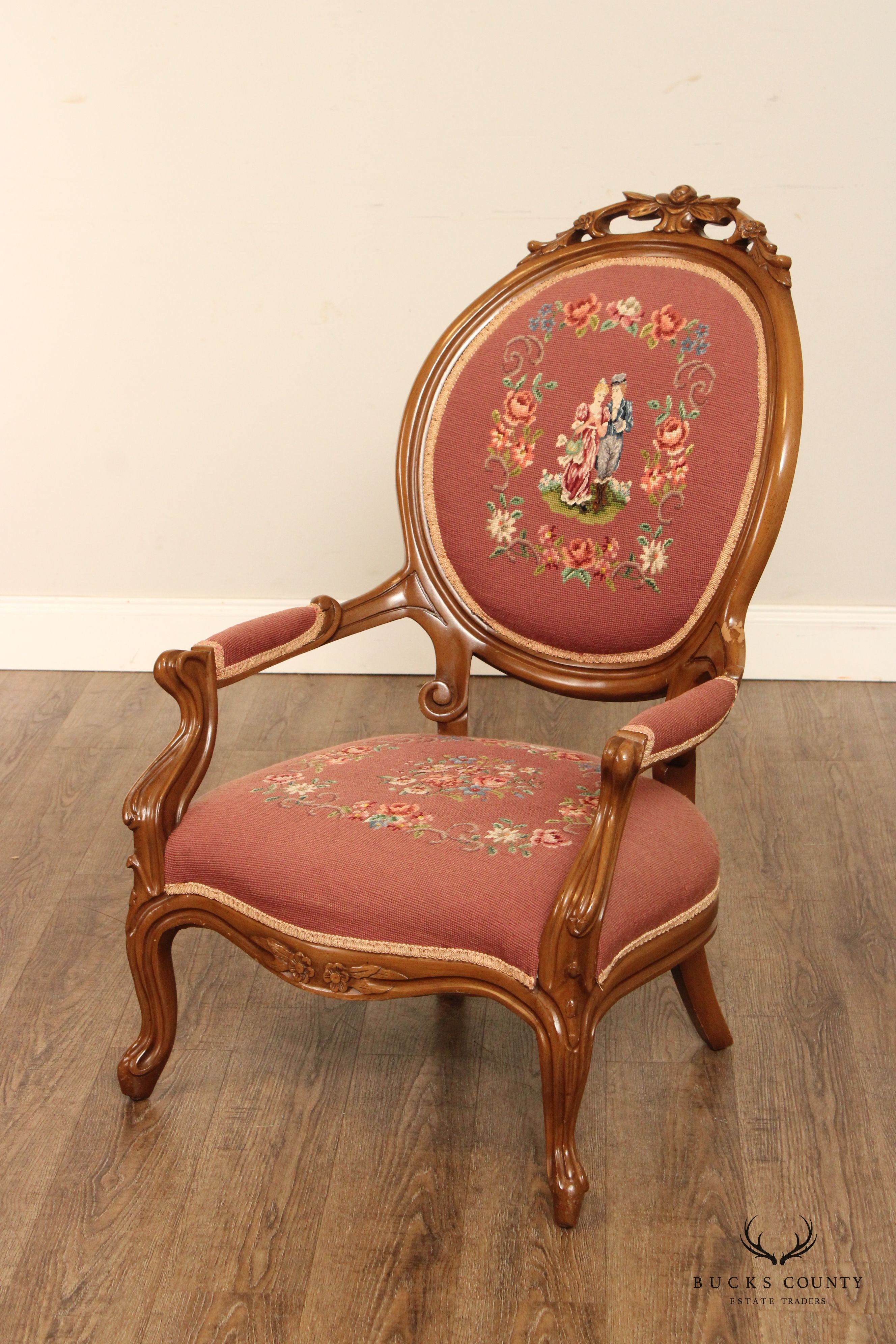 Victorian Pair of Needlepoint Upholstered Parlor Armchairs