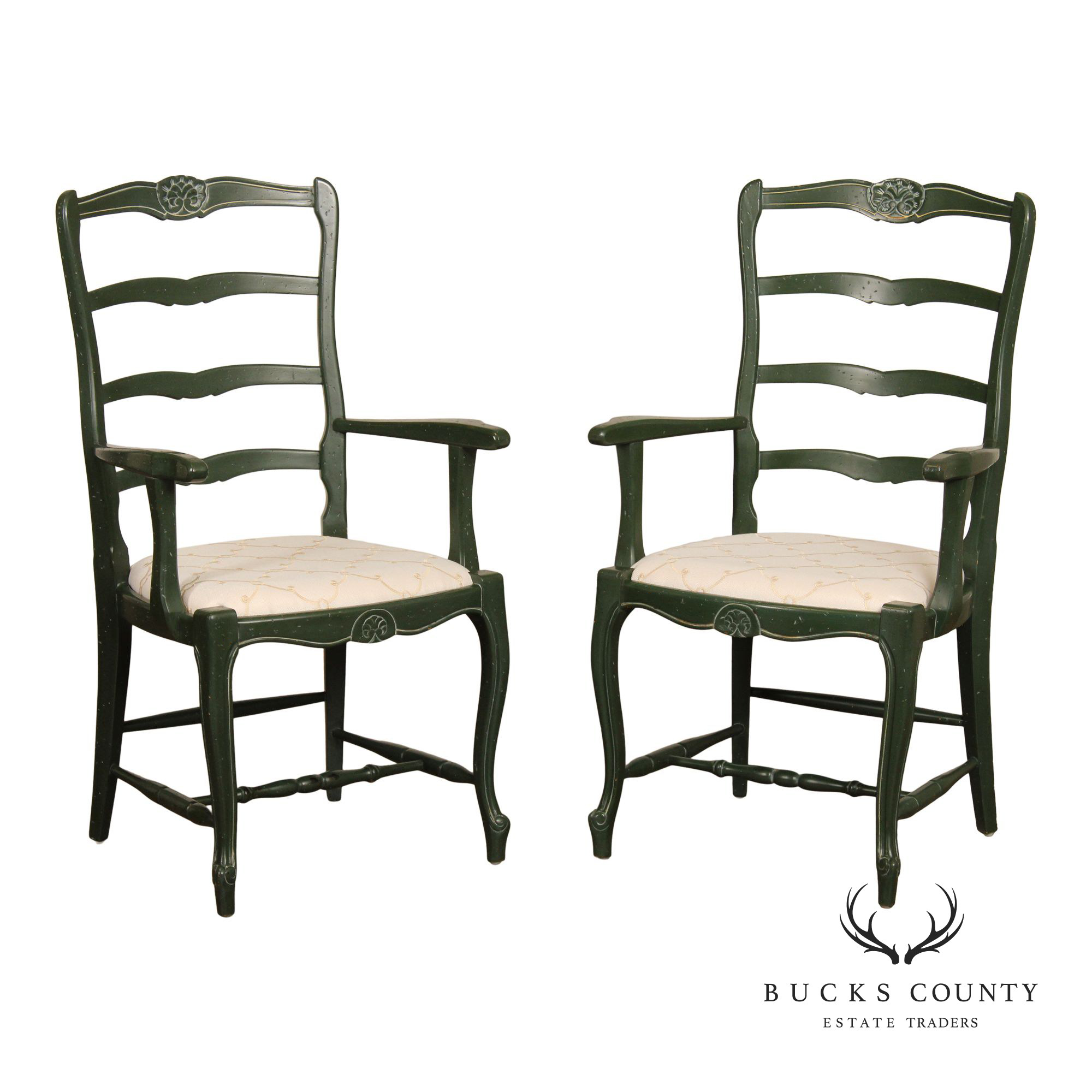 French Country Style Pair of Painted Ladderback Armchairs