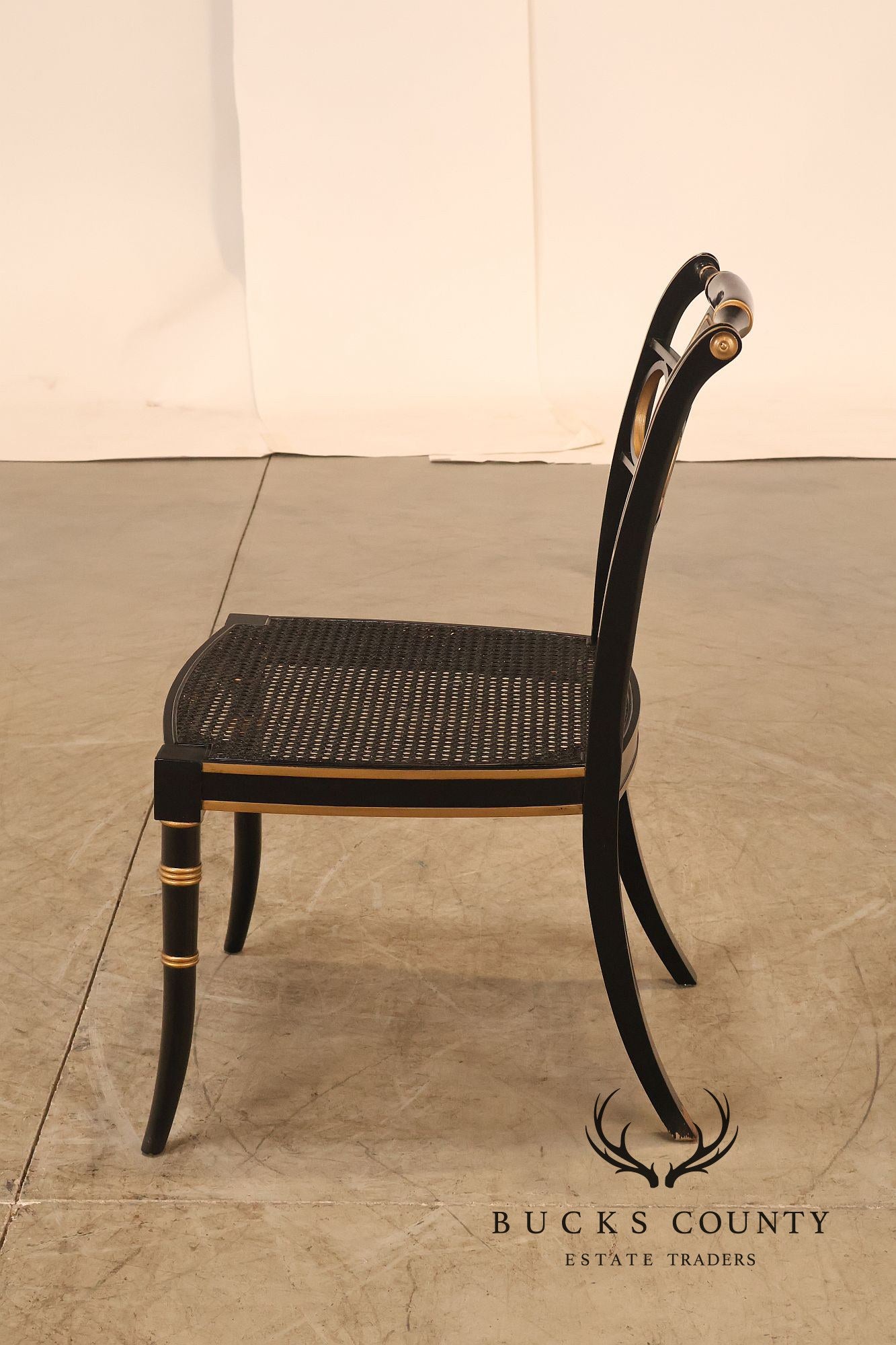 Baker Regency Style Pair of Ebonized and Partial Gilt Side Chairs