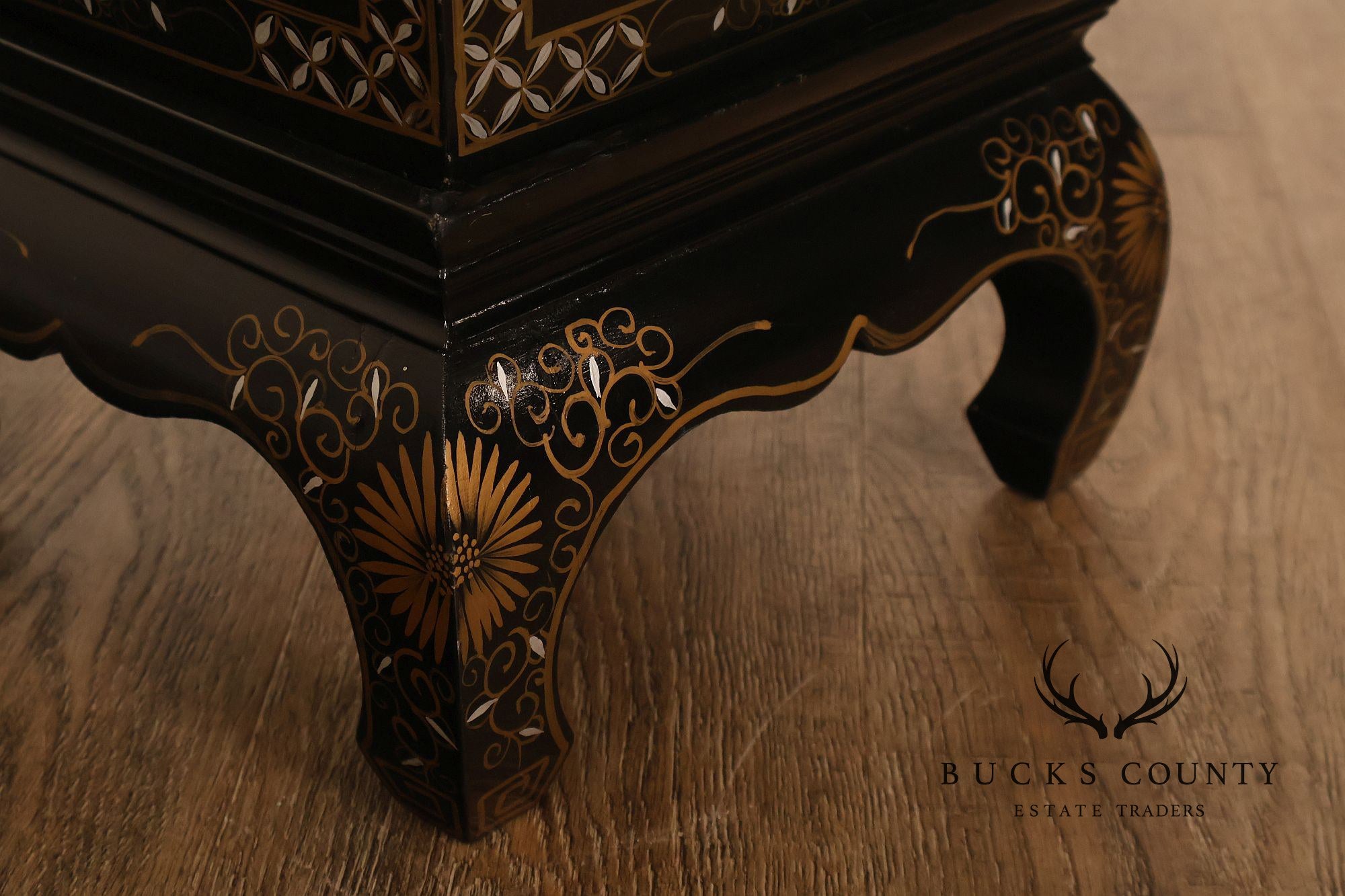 Chinese Black Lacquer Mother Of Pearl Inlaid Figural Planter On Matching Stand