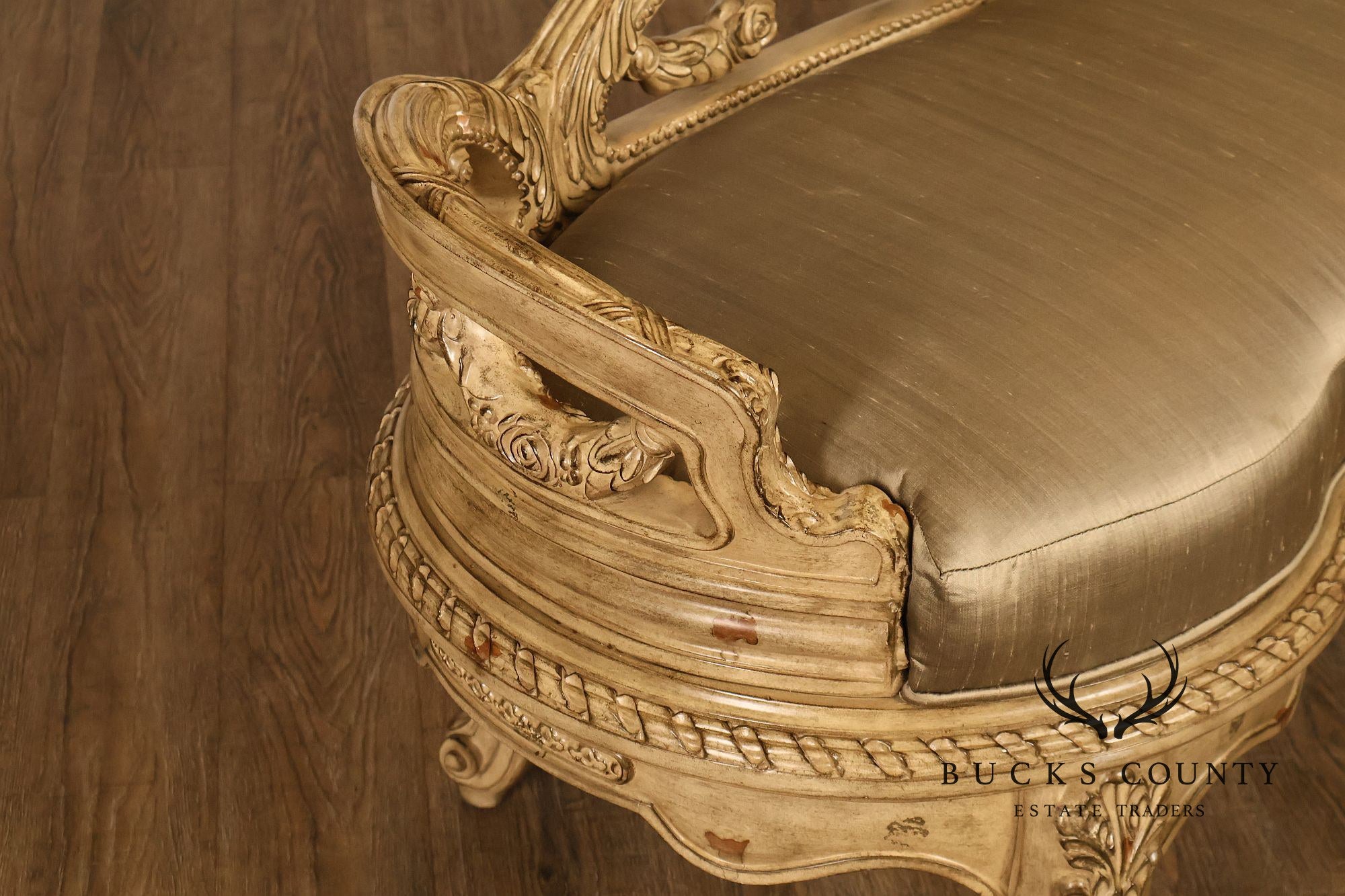 French Louis XV Style Carved Painted Upholstered Bench