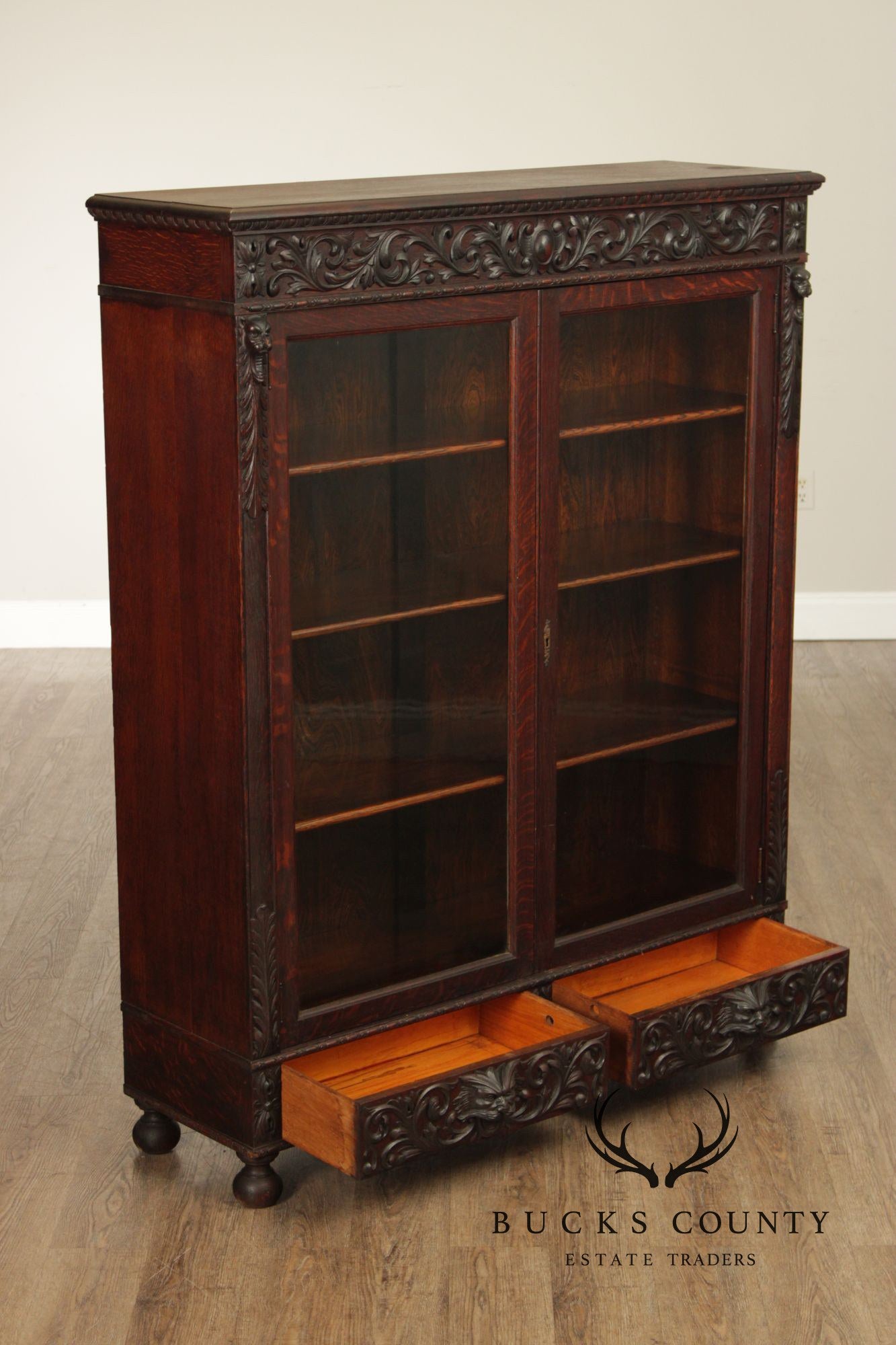 Antique Renaissance Revival Carved Oak Glass Door Bookcase