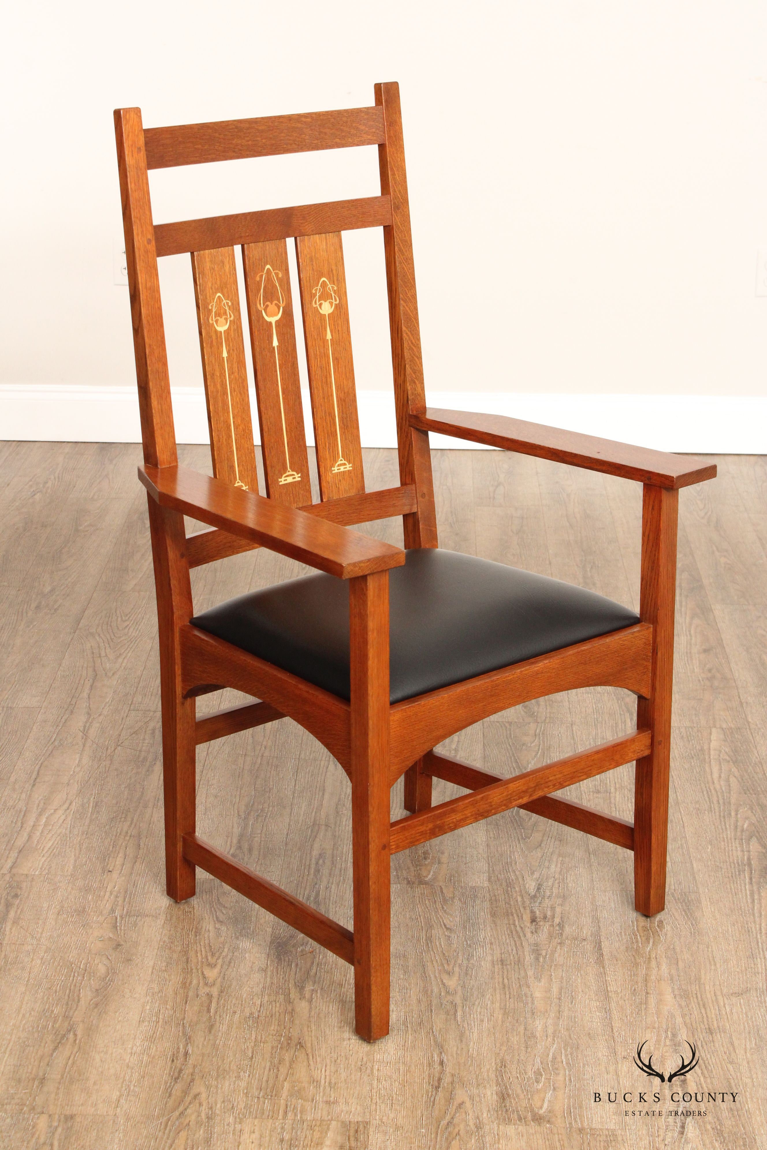 Stickley Mission Collection Harvey Ellis Set of Eight Inlaid Oak Dining Chairs