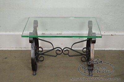 Hollywood Regency Pair Mid-Century Scrolled Iron Lyre Base Glass Top SideTable