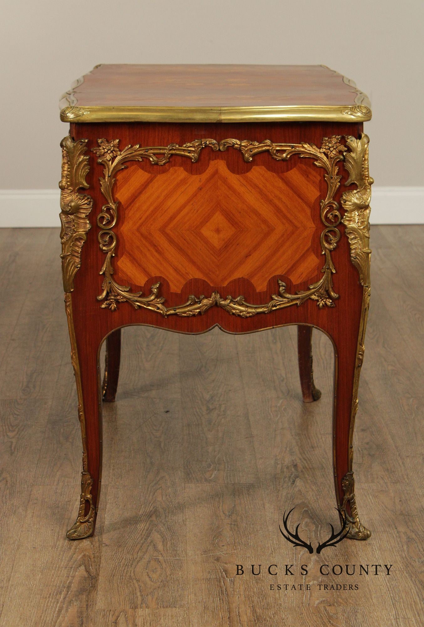 French Louis XV Style Marquetry Inlaid Bronze Mounted Knee Hole Desk