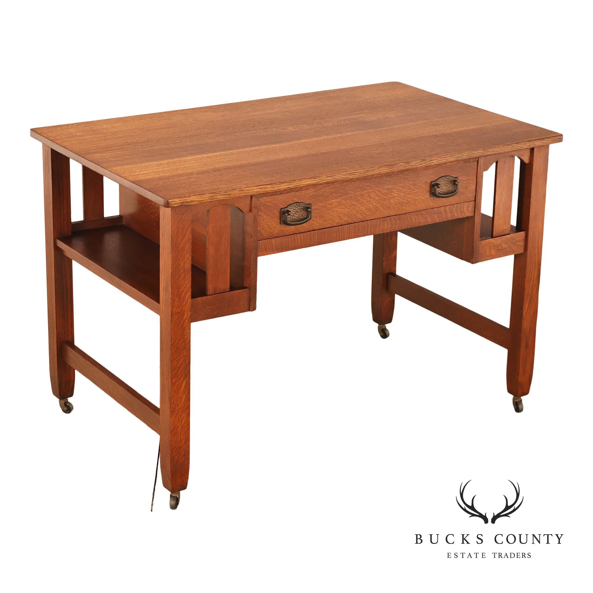Antique Arts And Crafts Mission Oak Writing Desk With Built-In Side Bookcases