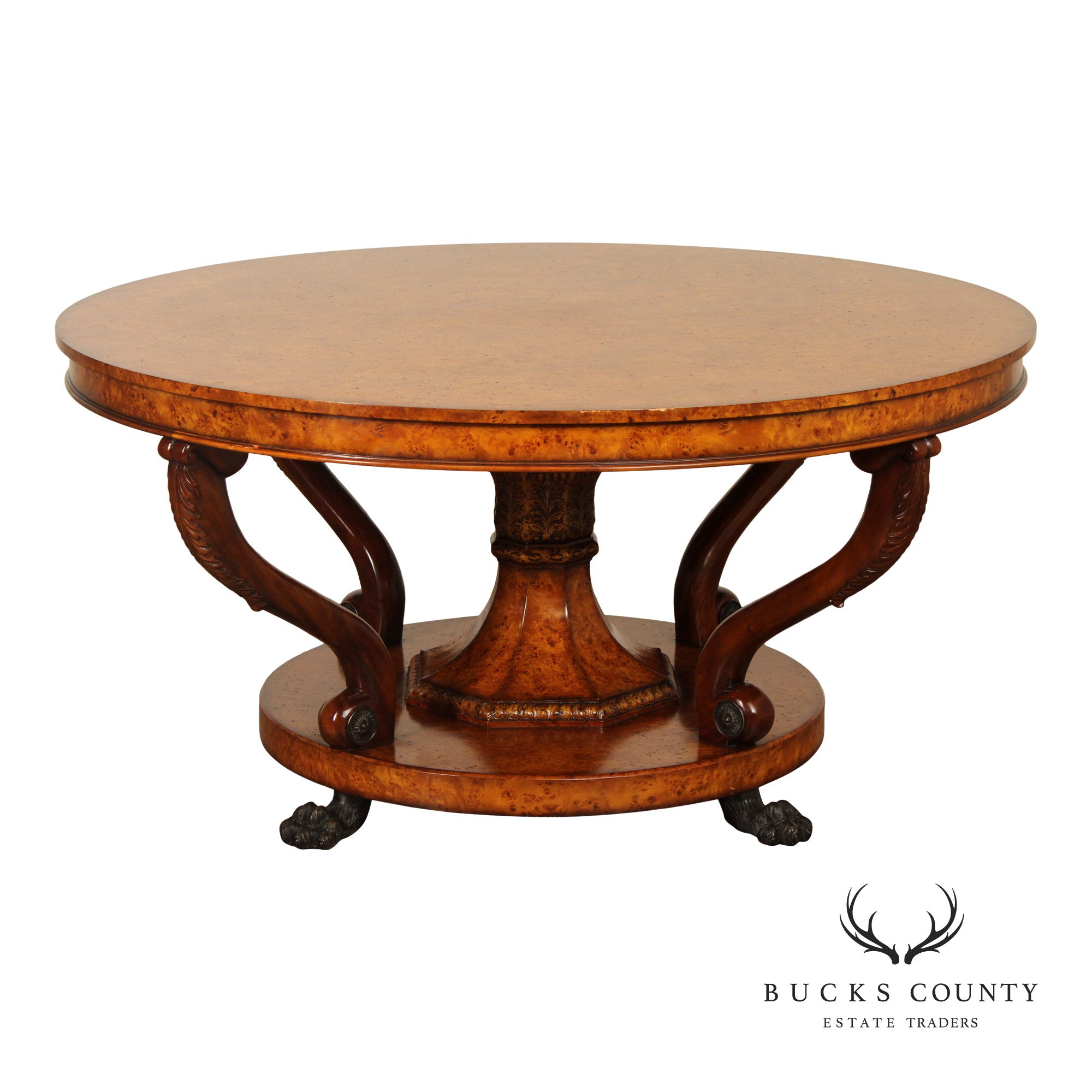 Theodore Alexander Empire Style Burl Wood Large Round Center Table