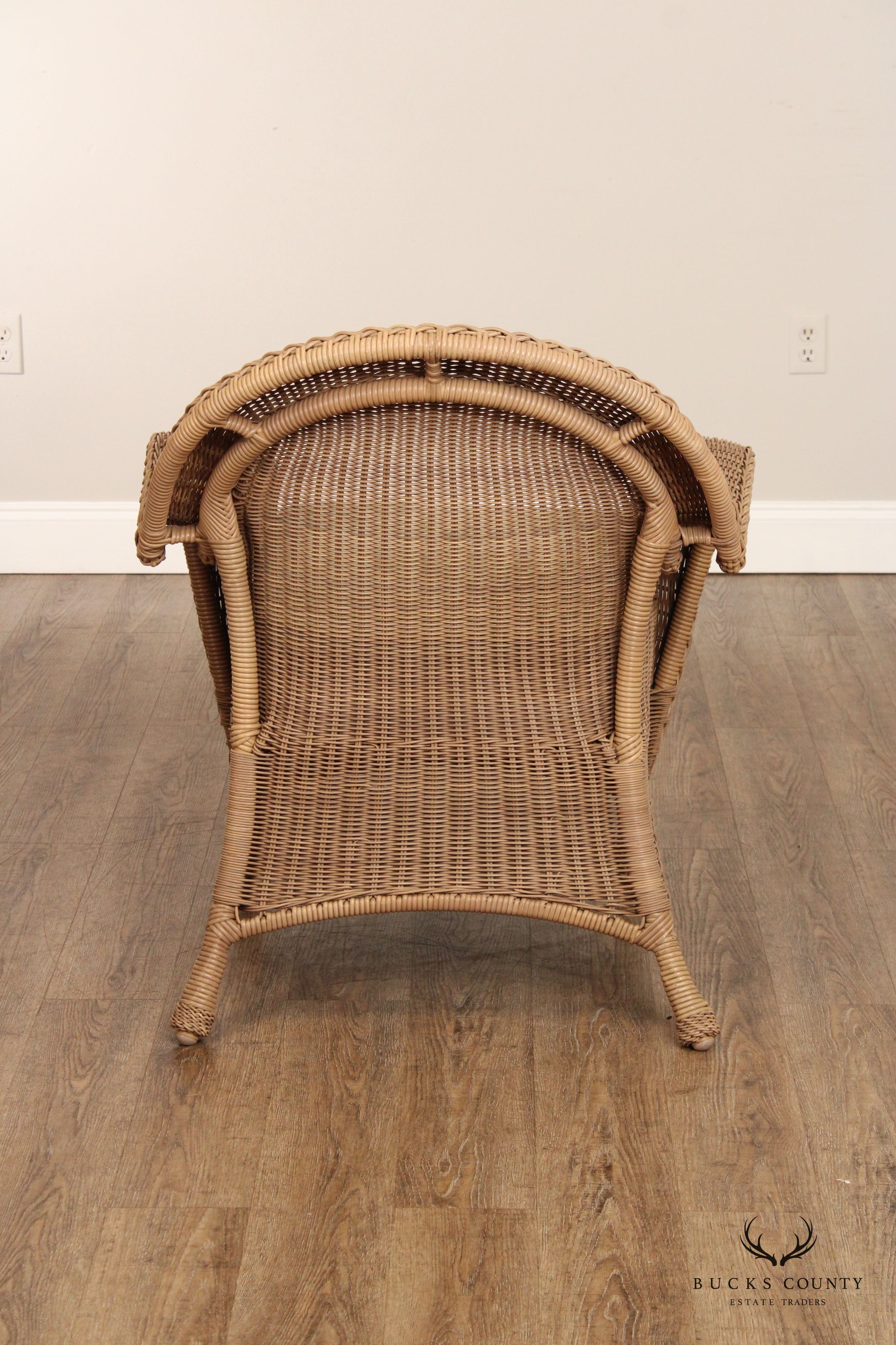 WOVEN WICKER PAIR OF OUTDOOR PATIO LOUNGE CHAIRS