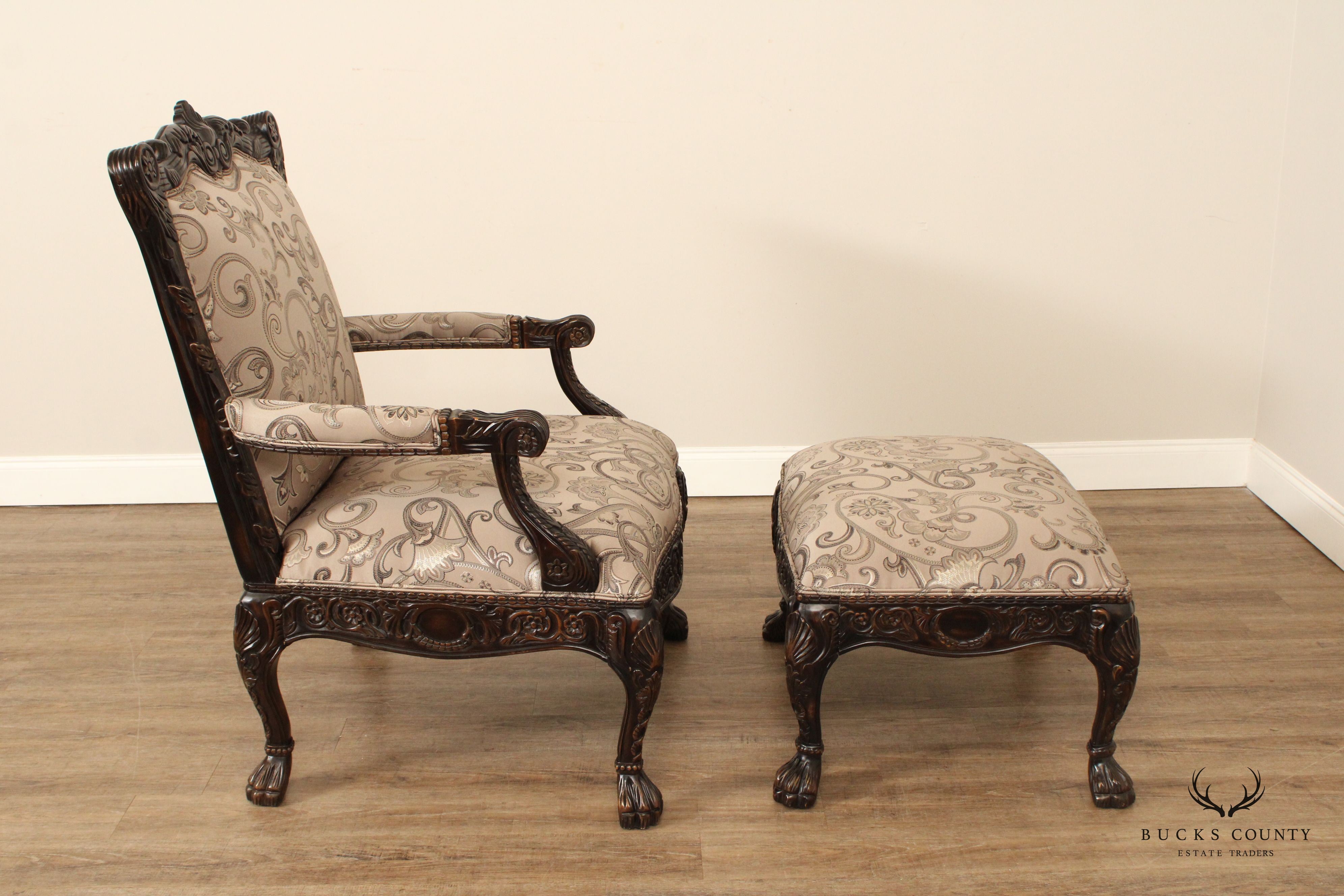 Modern Georgian Style Wide Seat Pair Of Carved Frame Custom Upholstered Armchairs With Ottoman