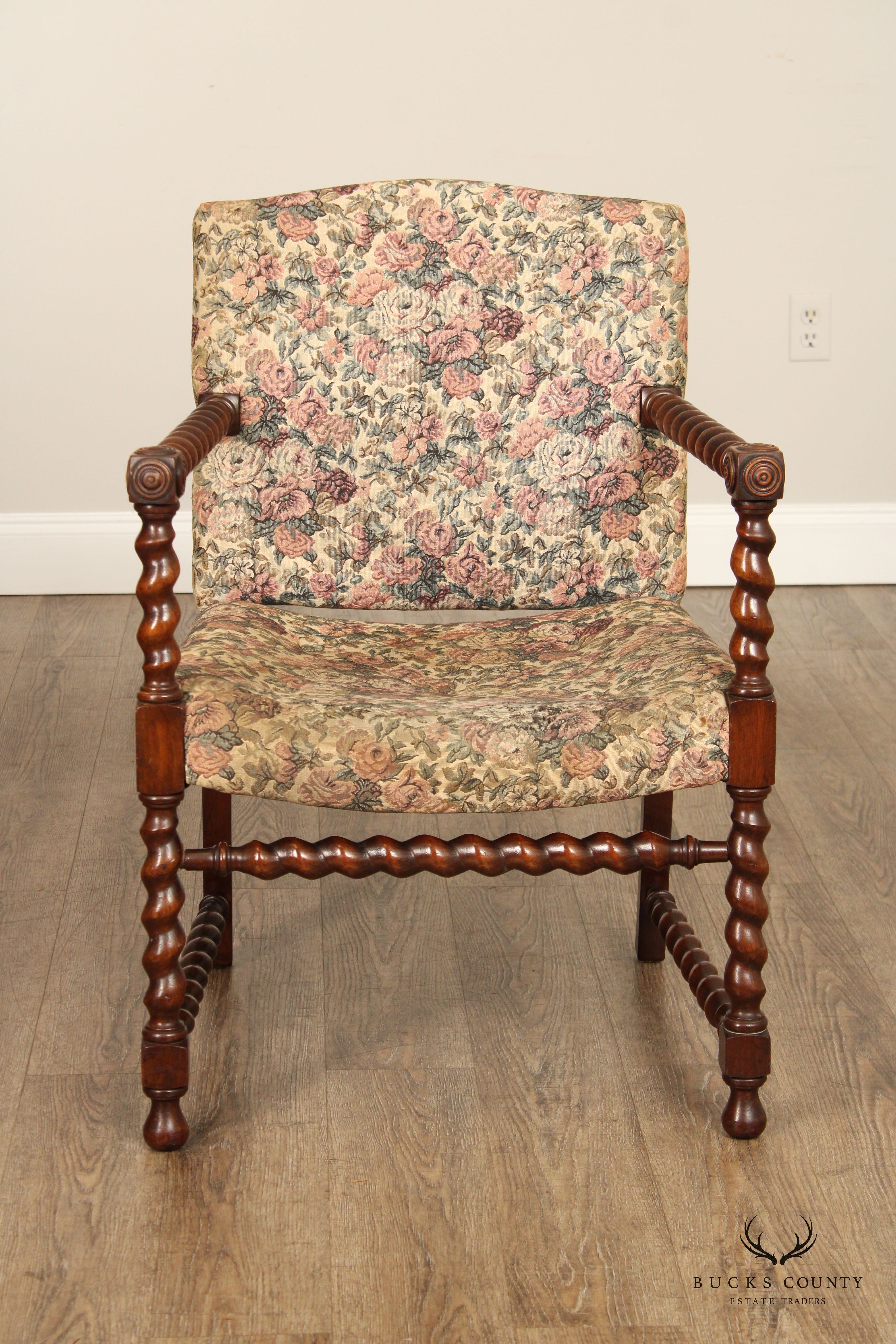 Jacobean Revival Antique Walnut Barley Twist Armchair