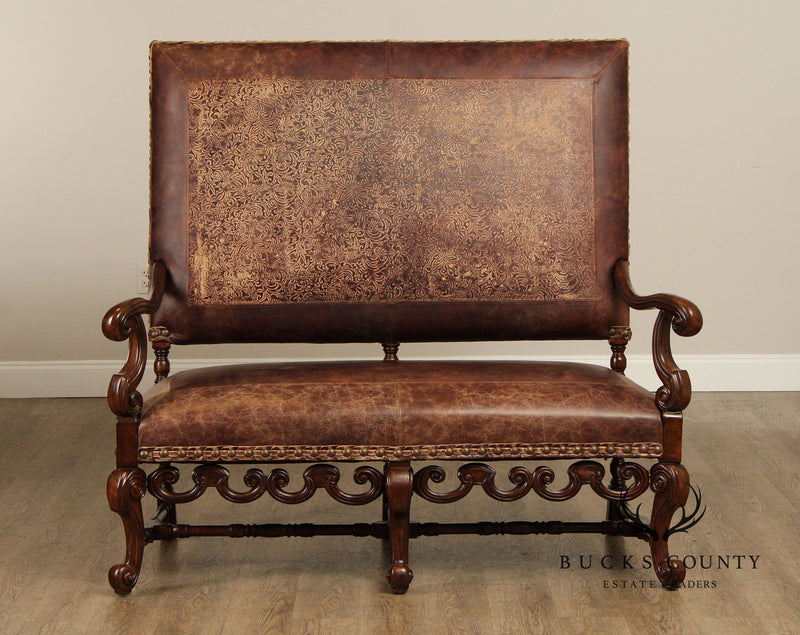 Century Baroque Carved Walnut Settee With Embossed Leather